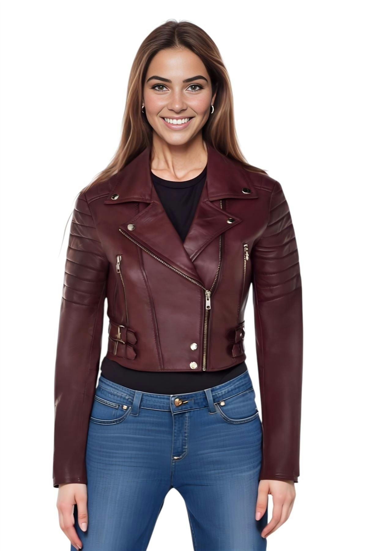 Infinity Leather Women's Burgundy Cropped Brando Leather Biker Jacket-Damascus - Uk Xs/8 | Eu 34 | Us 4