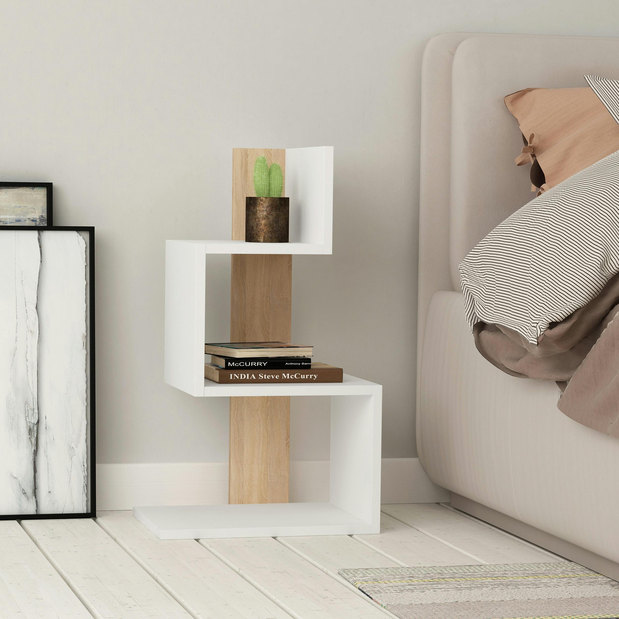 Rackhams White Rosie Modern 3 Tier Side Table With Storage Multipurpose End Table 72Cm - Oak