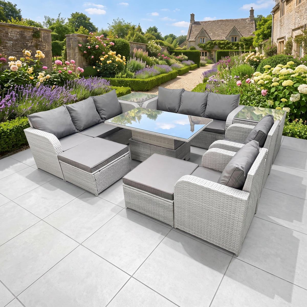 Fimous Light/Grey 8 Seater Rattan Garden Furniture Set With Rising Table, 2 Sofas, 2 Reclining Chairs, 2 Footstools, 2 Side Tables