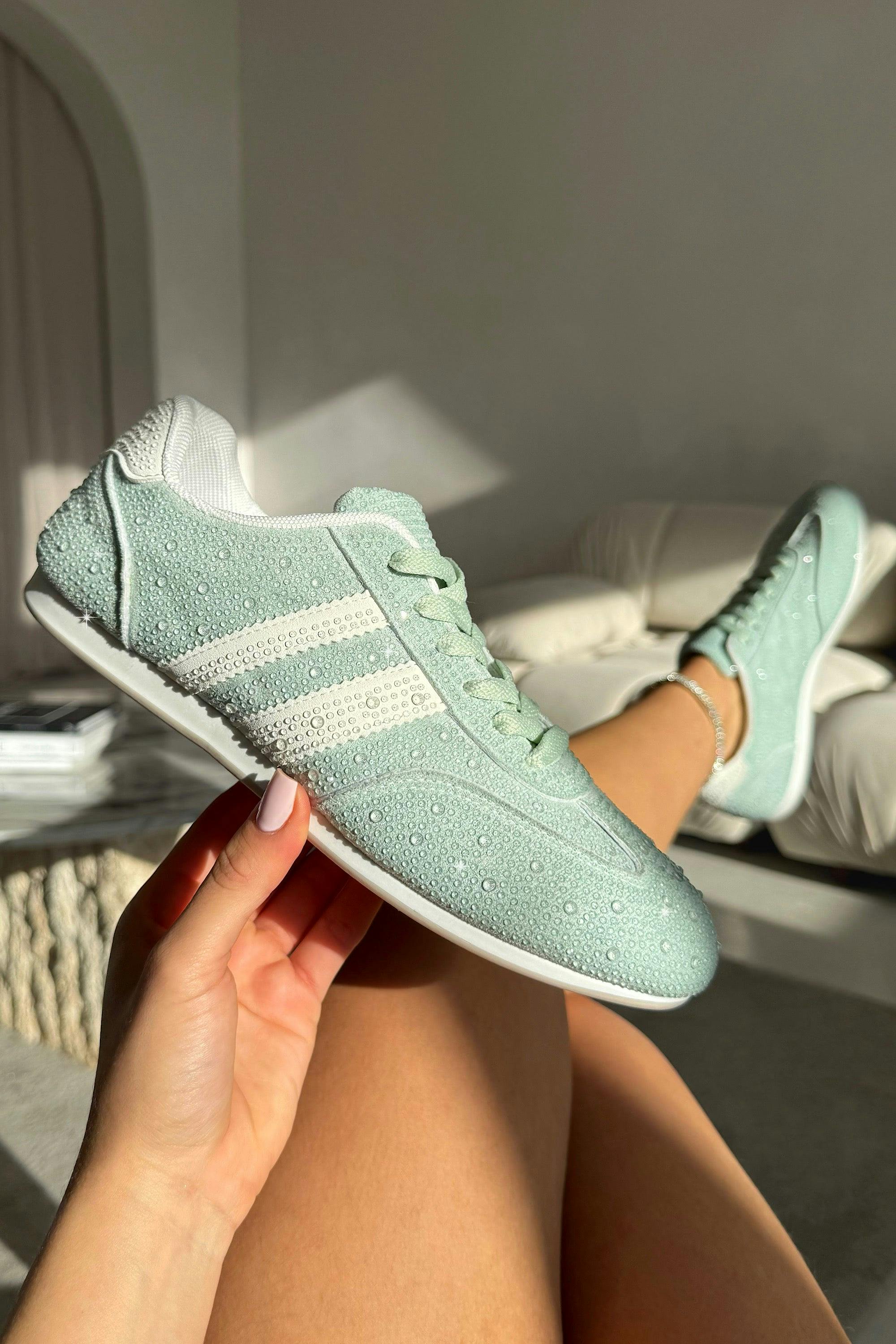 Love Lemonade Green Crystal Dewdrop Lace-Up Trainers - Uk 4