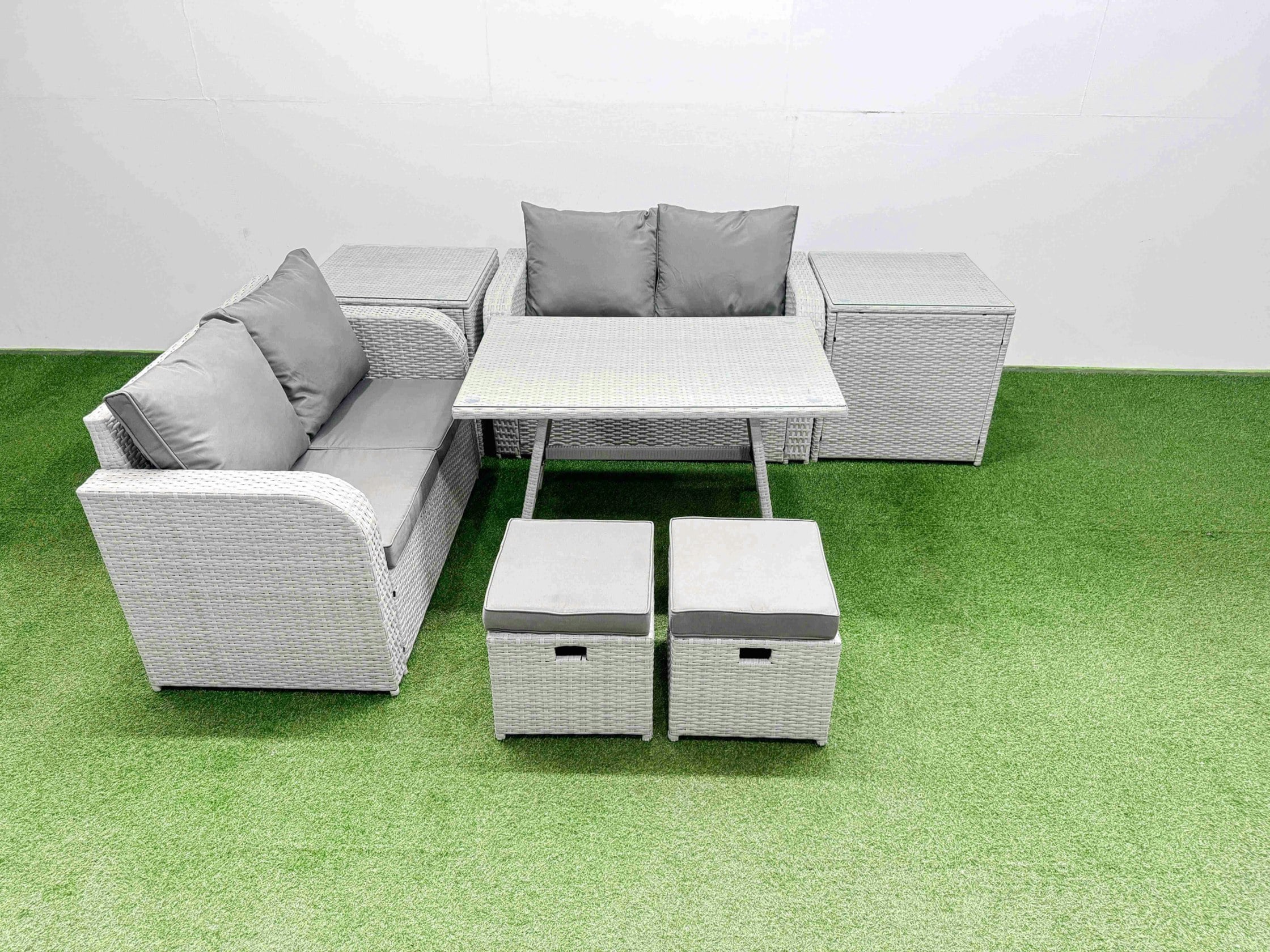 Rackhams Light/Grey 6 Seater Outdoor Love Sofa Set Rattan Garden Furniture Set With Rectangular Dining Table 2 Side Tables 2 Small Footstool