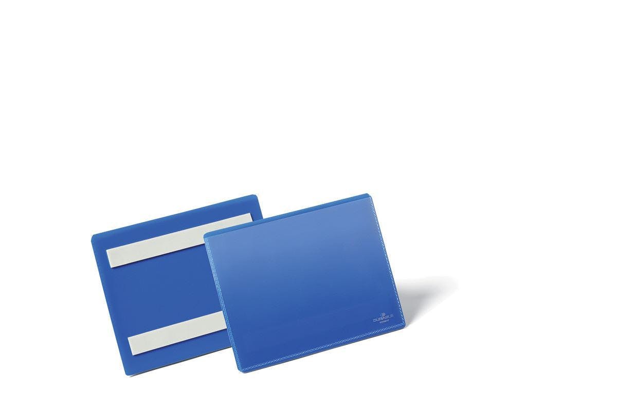 Durable Blue Adhesive Ticket Holder Label Pouch Document Pockets | 50 Pack | A6