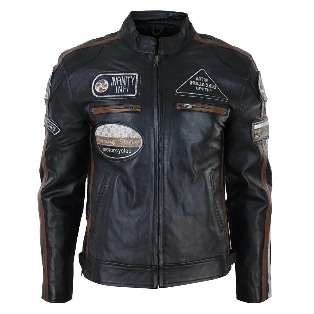 Infinity Leather Men's Black Leather Company Zipped Biker Leather Jacket - Large