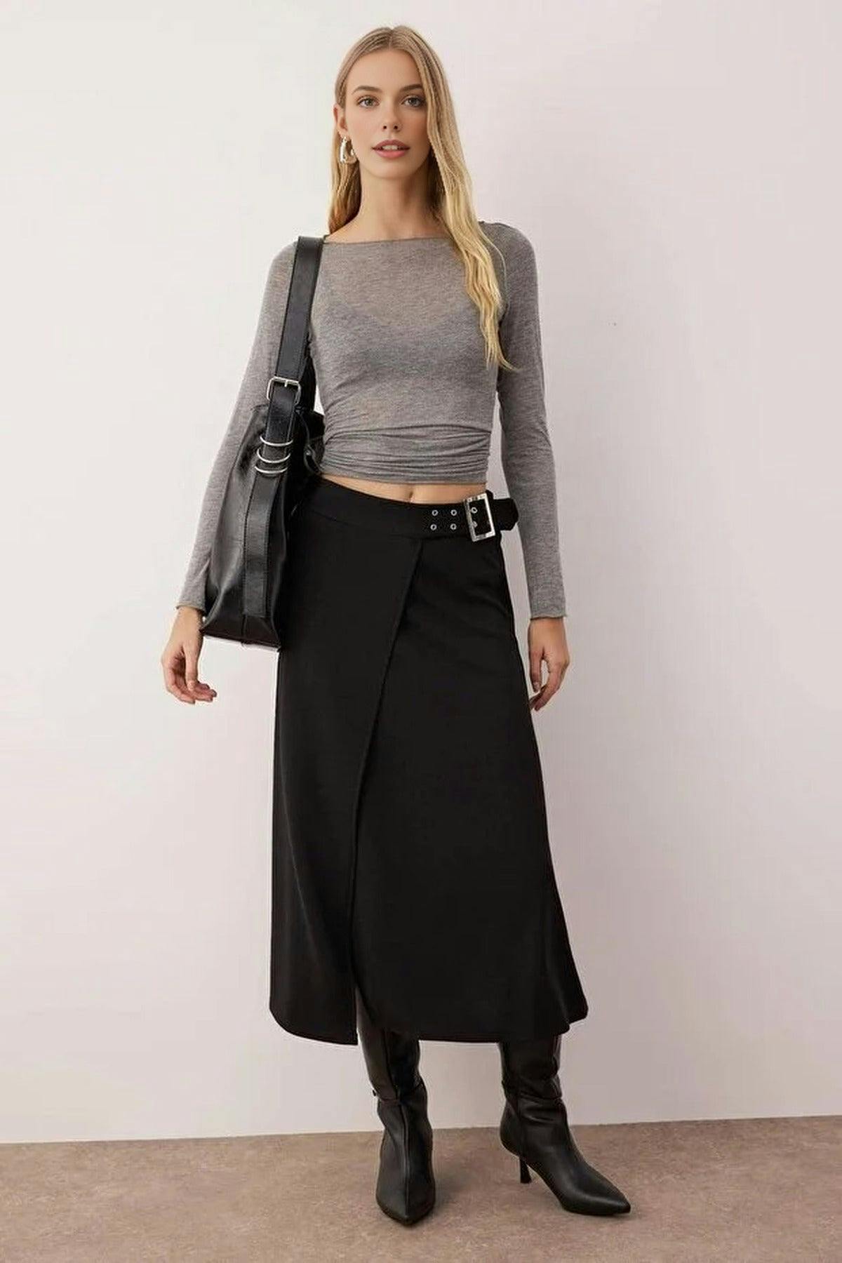 Wovcor Black Skater Stretch Crepe Knit Skirt With Belt Detail - Xs