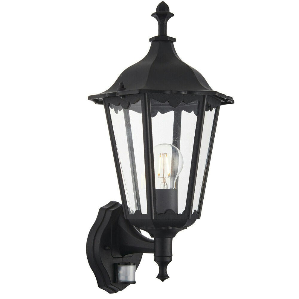 Rackhams Light/Black Ip44 Outdoor Pir Matt & Glass Traditional Wall Lantern Porch Motion 12M