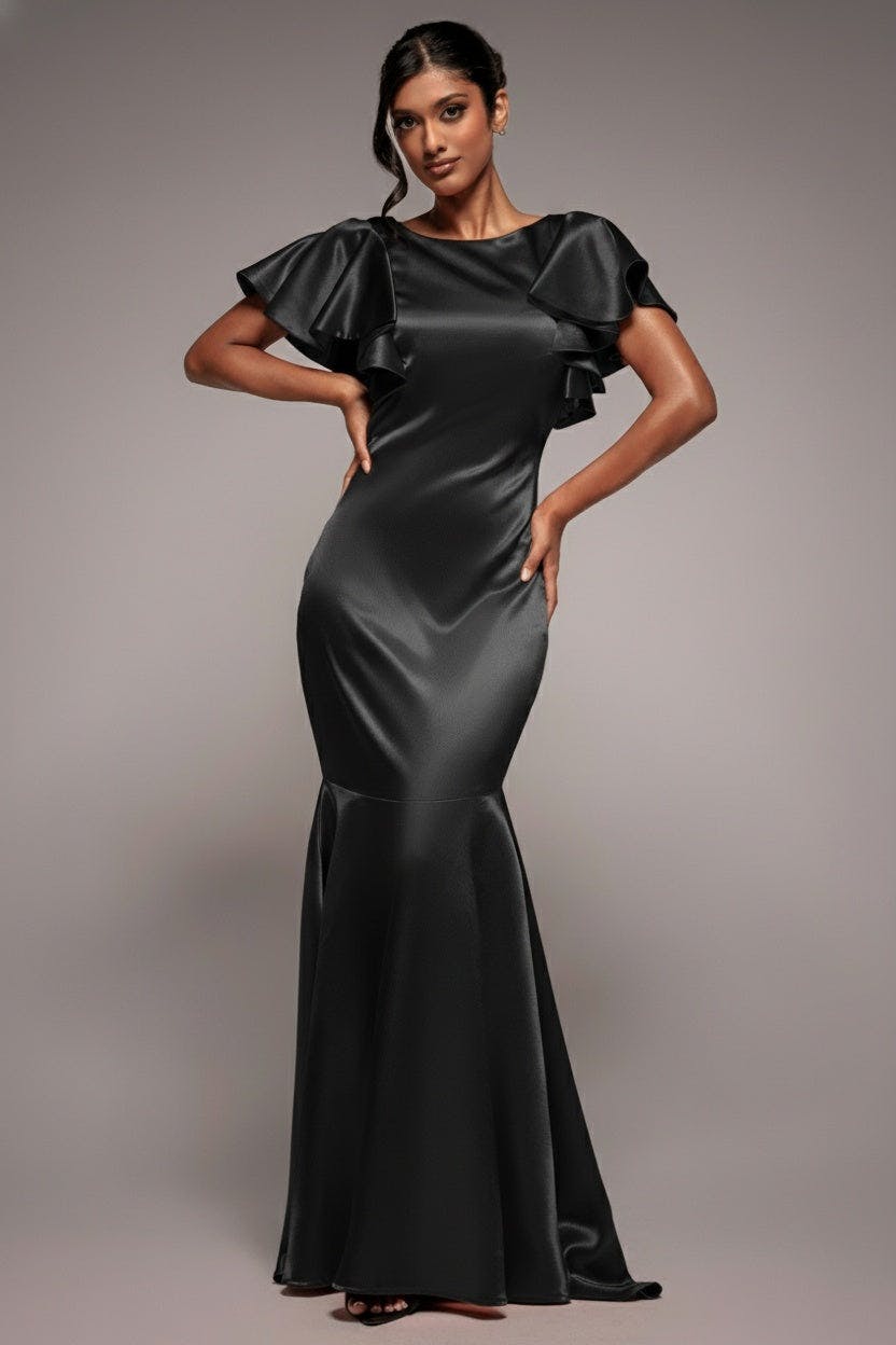 Goddiva Black Satin Flutter Sleeve Mermaid Maxi - By - 12