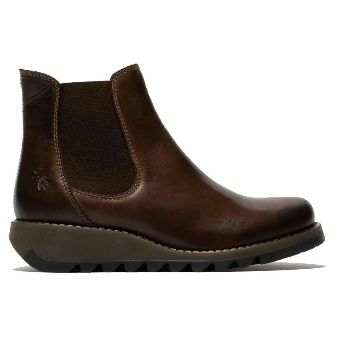 Fly London Women's Brown Salv195 - Wedge Heel Leather Chelsea Ankle Boots - Uk 3