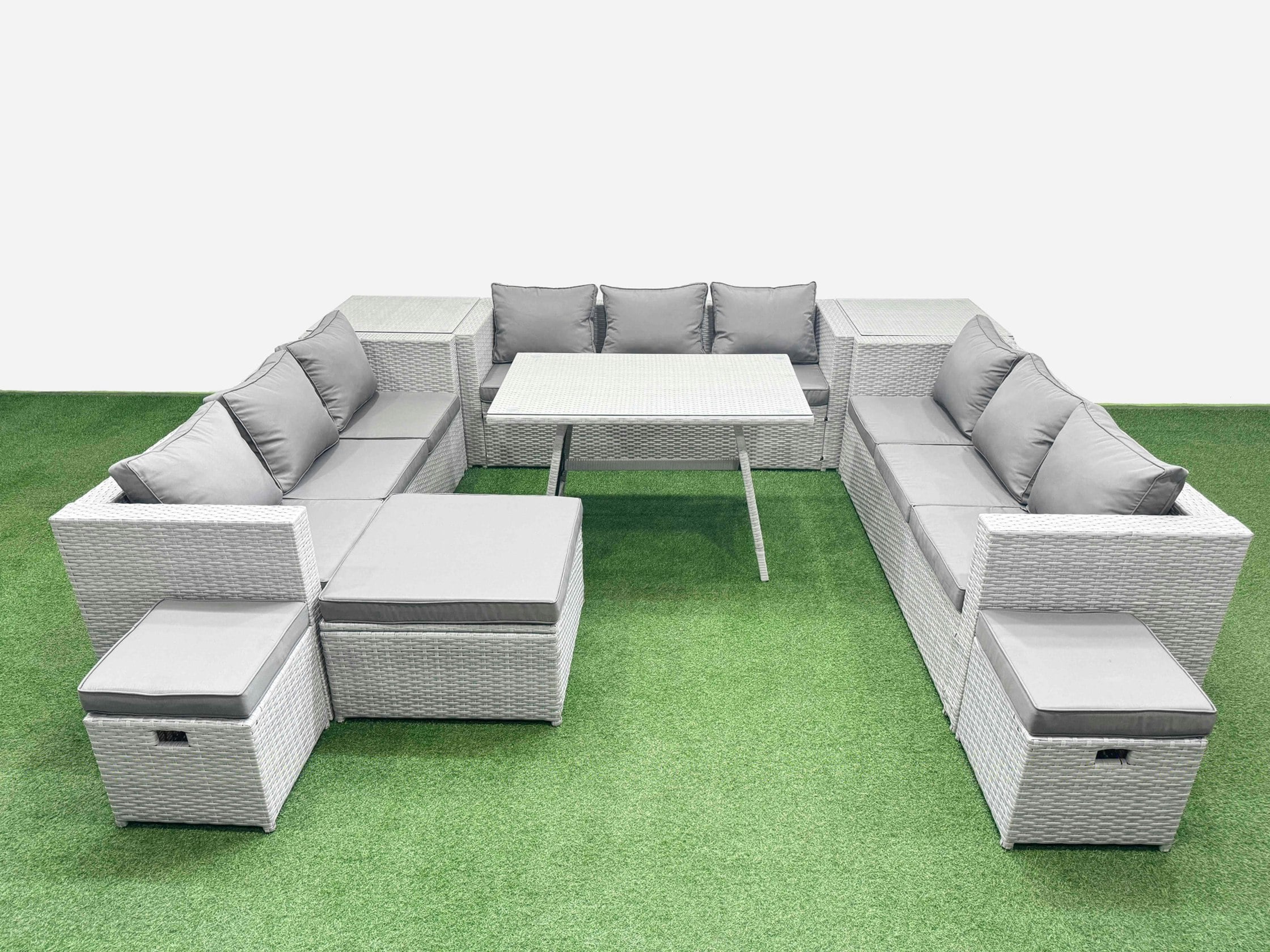Rackhams Light/Grey 12 Seat Outdoor Patio Pe Rattan Garden Furniture With Cushions 3 Seater Sofa 2 Side Tables 3 Stool