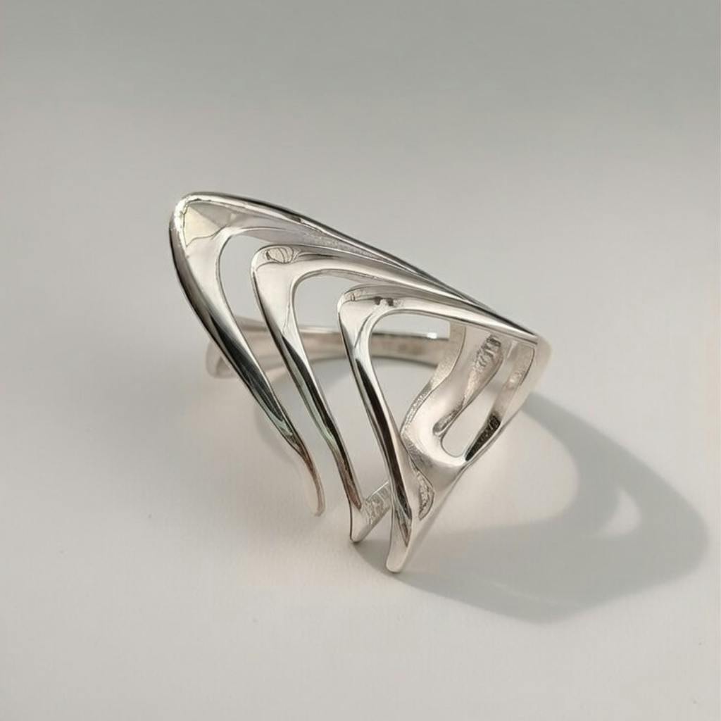 The Colourful Aura Silver/Light Abstract Wave Adjustable Statement Ring