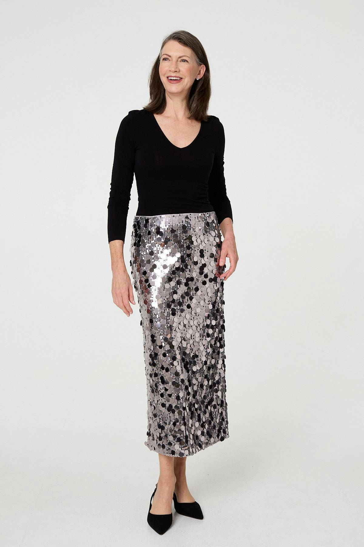 Izabel London Sequin Embellished Straight Midi Skirt - 18 - Navy