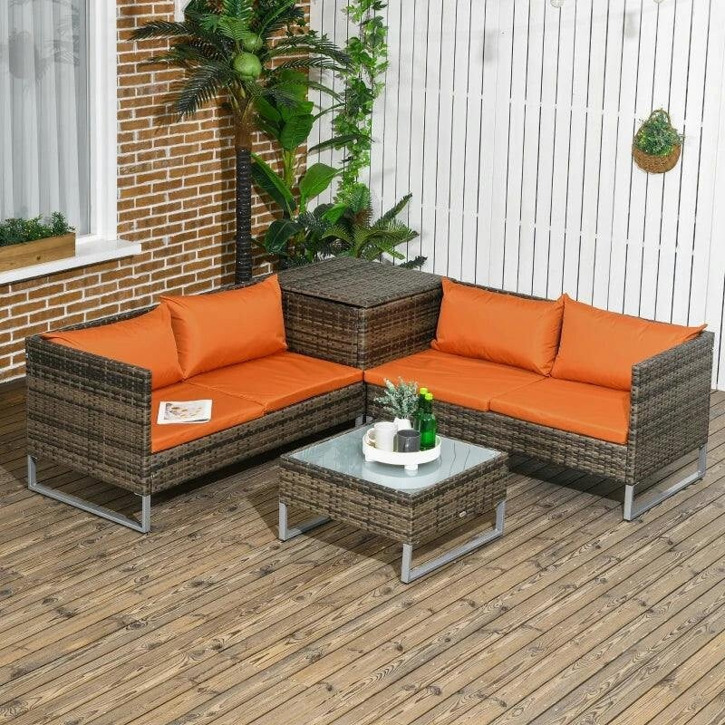 Rackhams Grey/Orange 4Pcs Patio Rattan Sofa Garden Furniture Set With Cushion - Image 4