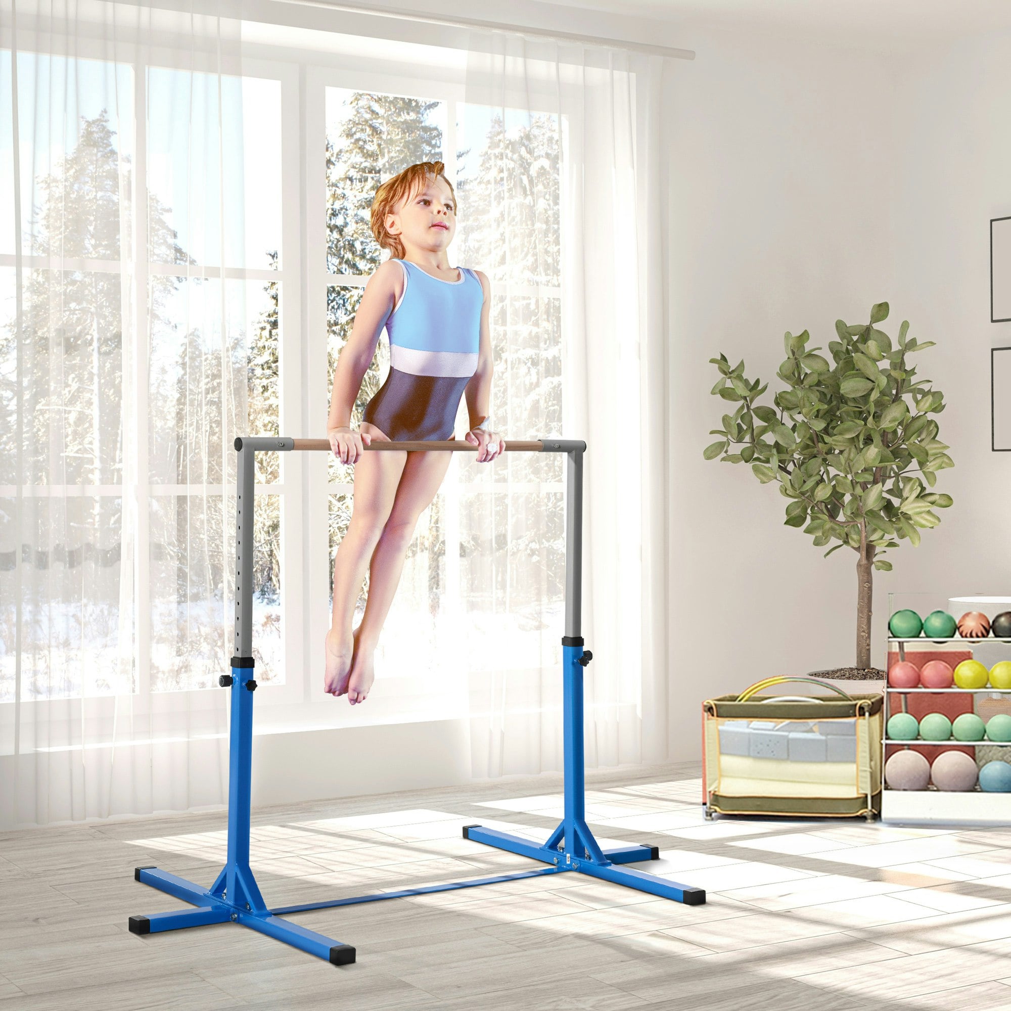 B&Q - 92-150Hcm Adjustable Kids Gymnastics Bar W/ Steel FrameBlue - Image 2