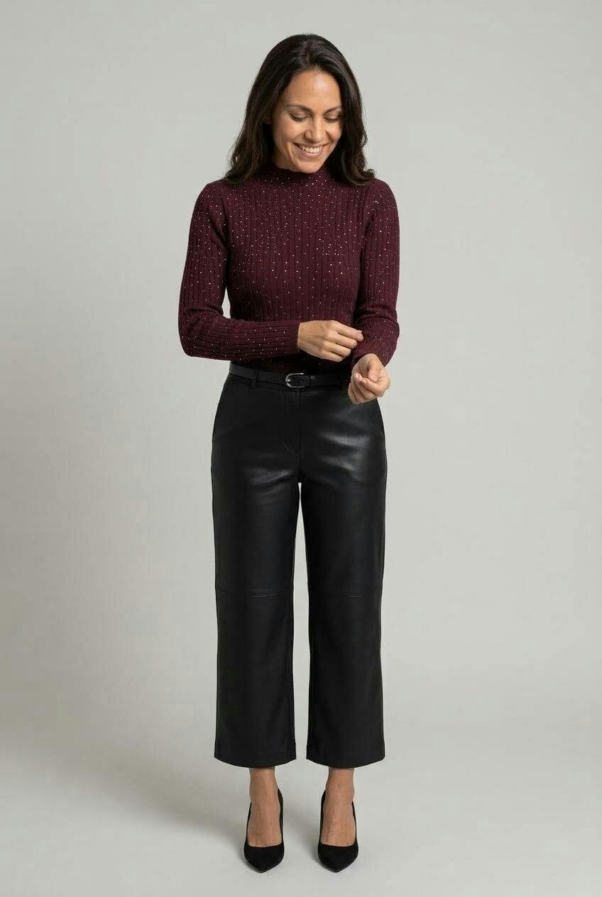 Izabel London Burgundy Sparkly Textured Long Sleeve Knit Top - 16