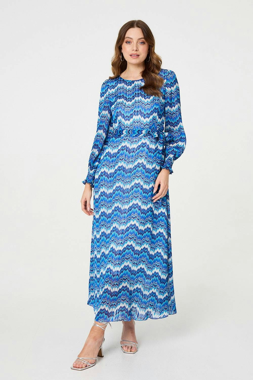 Izabel London Printed Long Sleeve Tie Waist Dress - Navy - 8