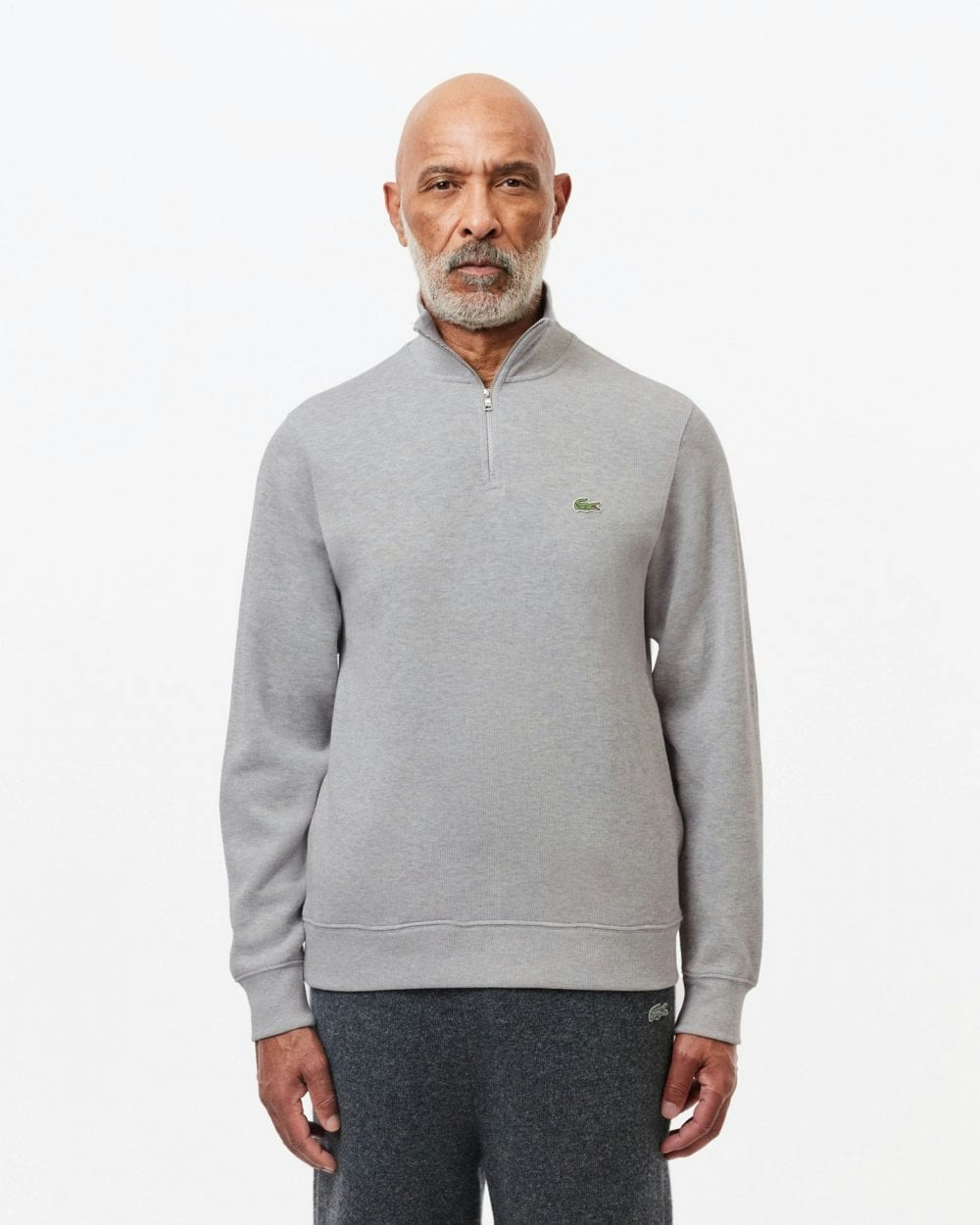 Lacoste Men's Silver Zippered Stand-Up Collar Cotton Sweatshirt - Chine Cca - Chine Cca - S