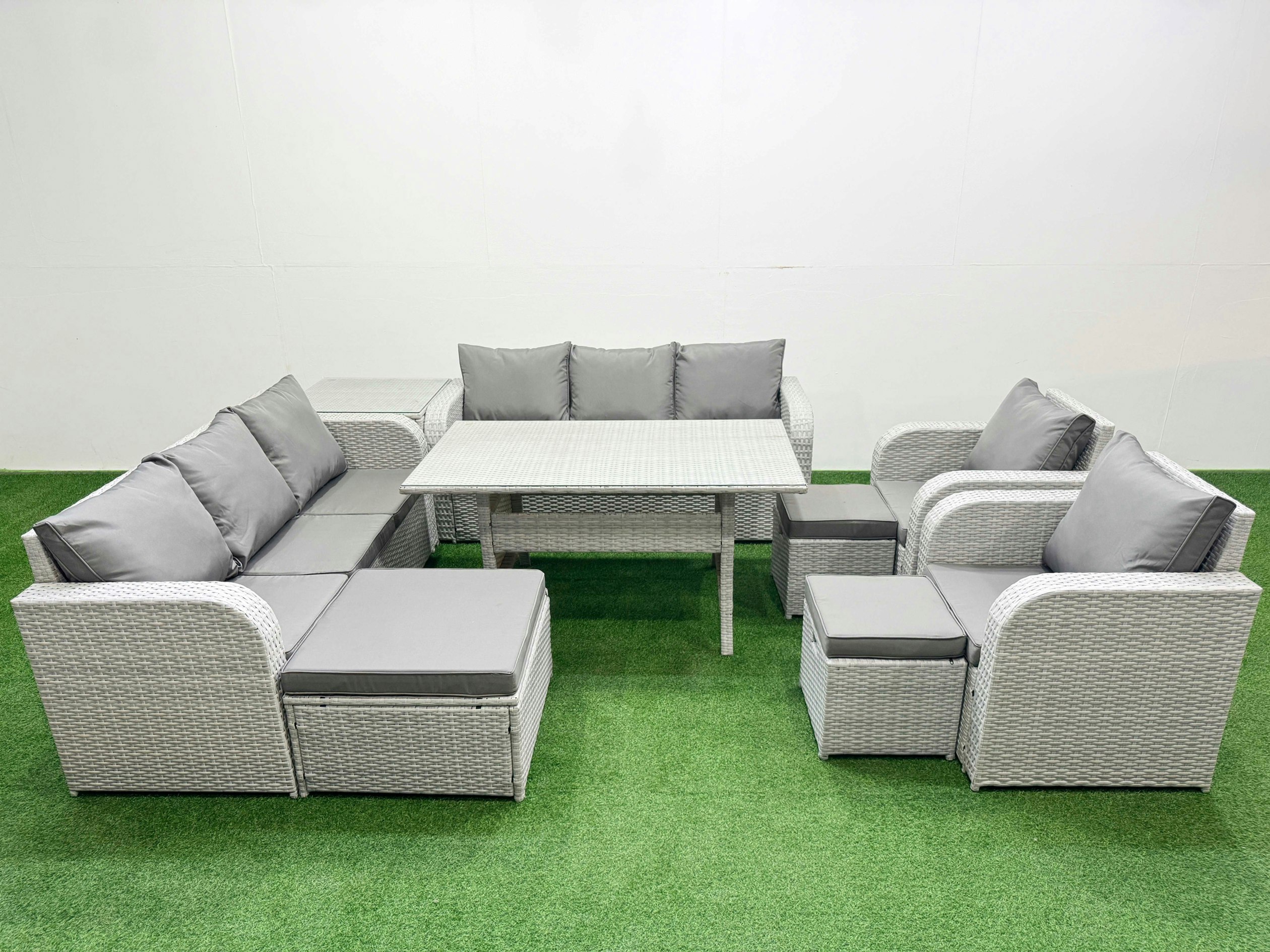 Fimous Light/Grey Pe Rattan High Back Lounge Set - Rectangular Dining Table, 3-Seater Sofa, Reclining Chair & 3 Stools