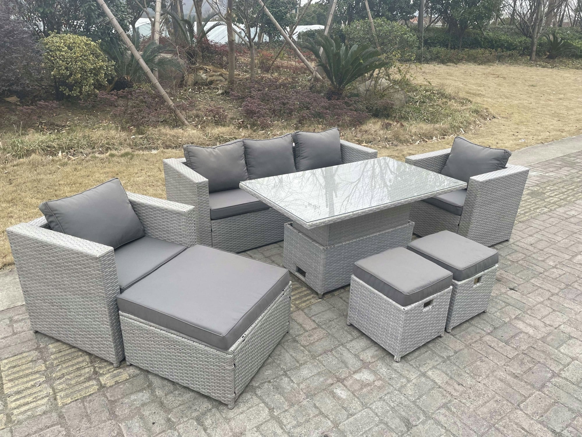 Fimous Light/Grey/Dark Rattan Garden Funiture Set Adjustable Rising Lifting Table Lounge Sofa Dining Set 2 Chairs Big And Small Footstool