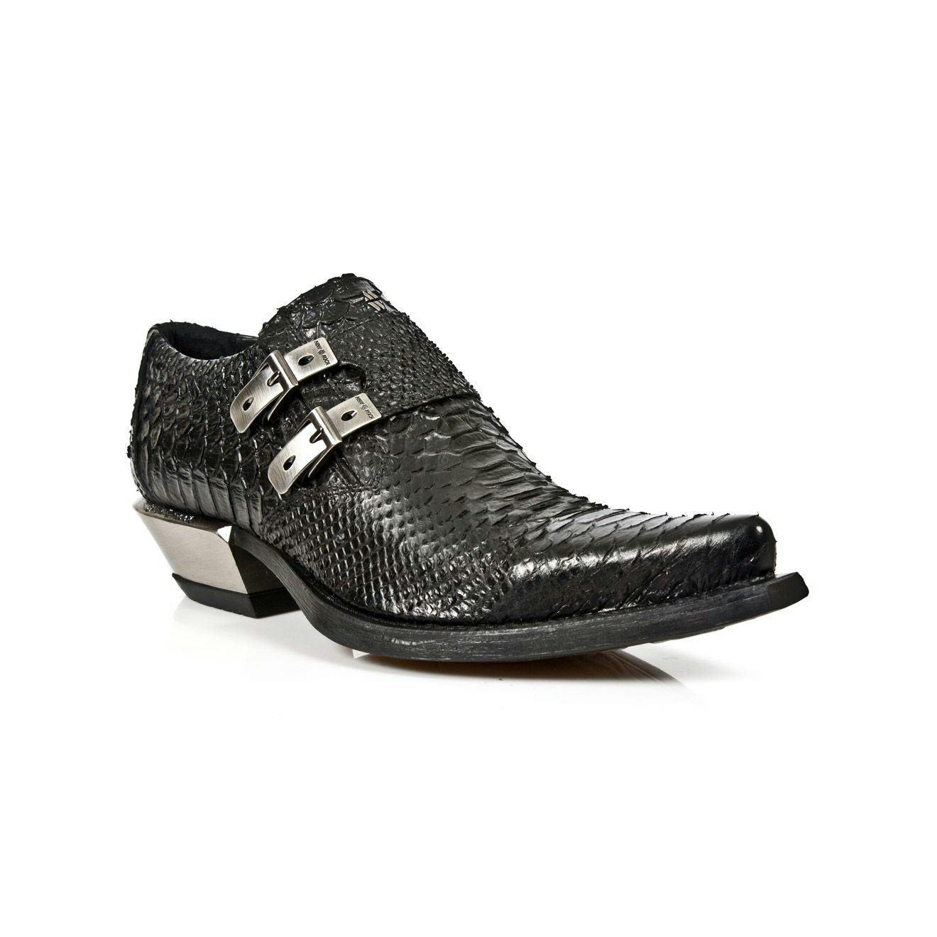 New Rock Black Embossed Python Leather Buckled Shoes-7934-S2 - Uk 9 | Eu 43 | Us 10.5