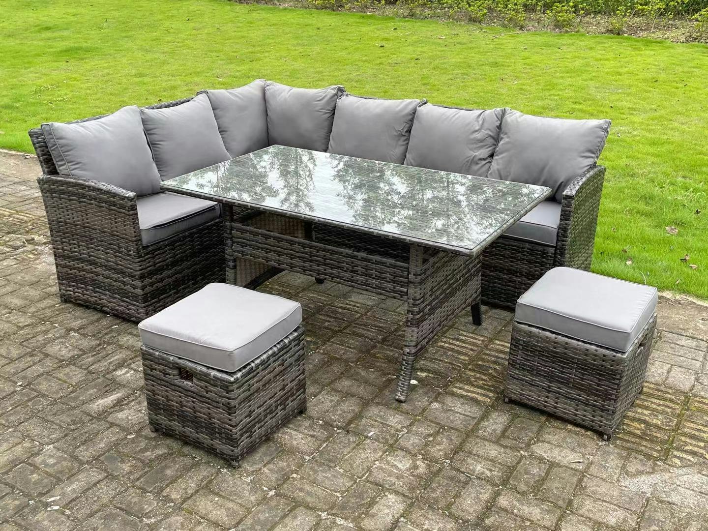 Rackhams Dark/Grey High Back Mixed Rattan Corner Sofa Set Outdoor Furniture Rectangular Dining Table 2 Small Footstools 8 Seater