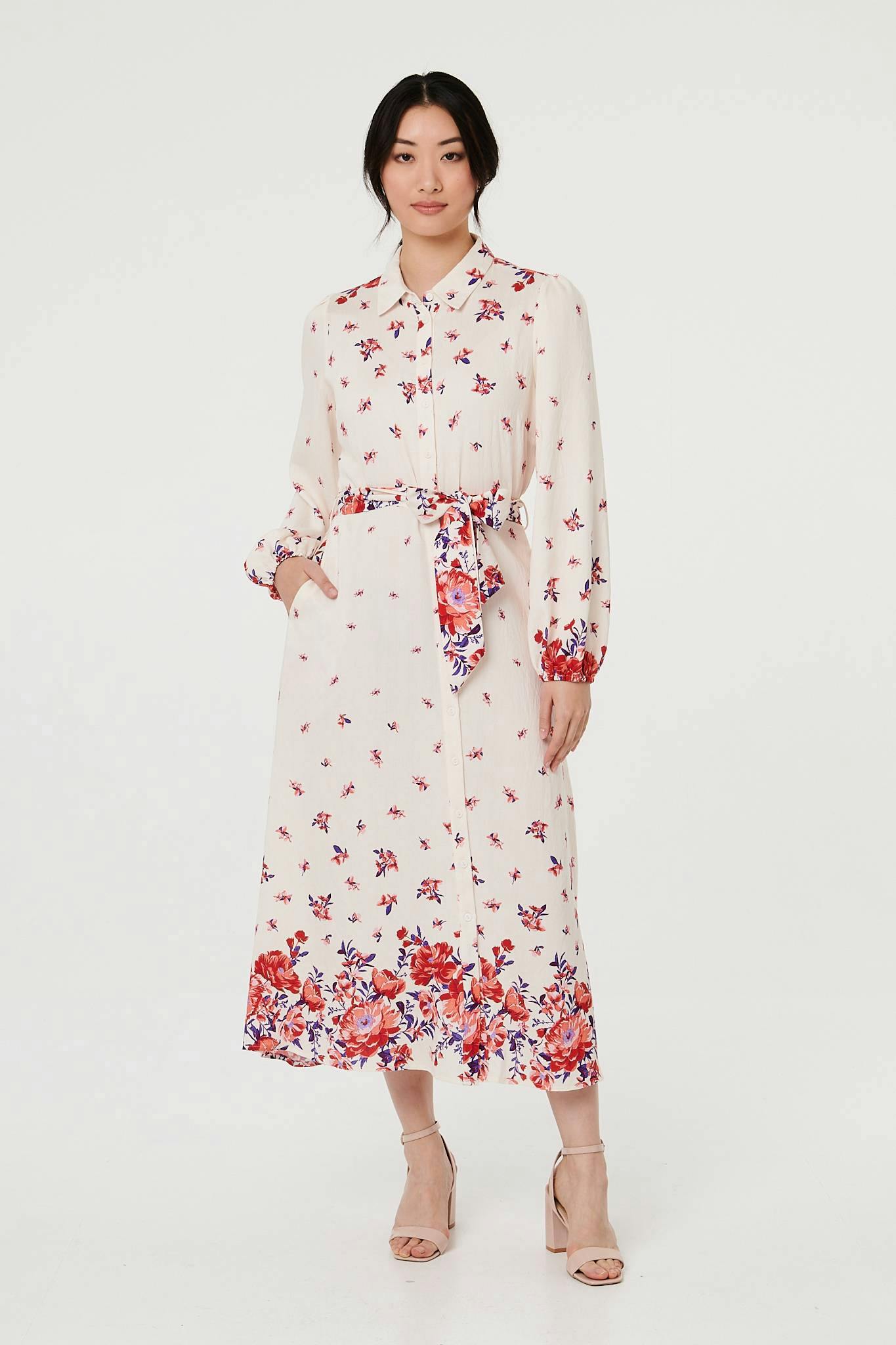 Izabel London Pink Floral Border Tie Waist Midi Shirt Dress - 14