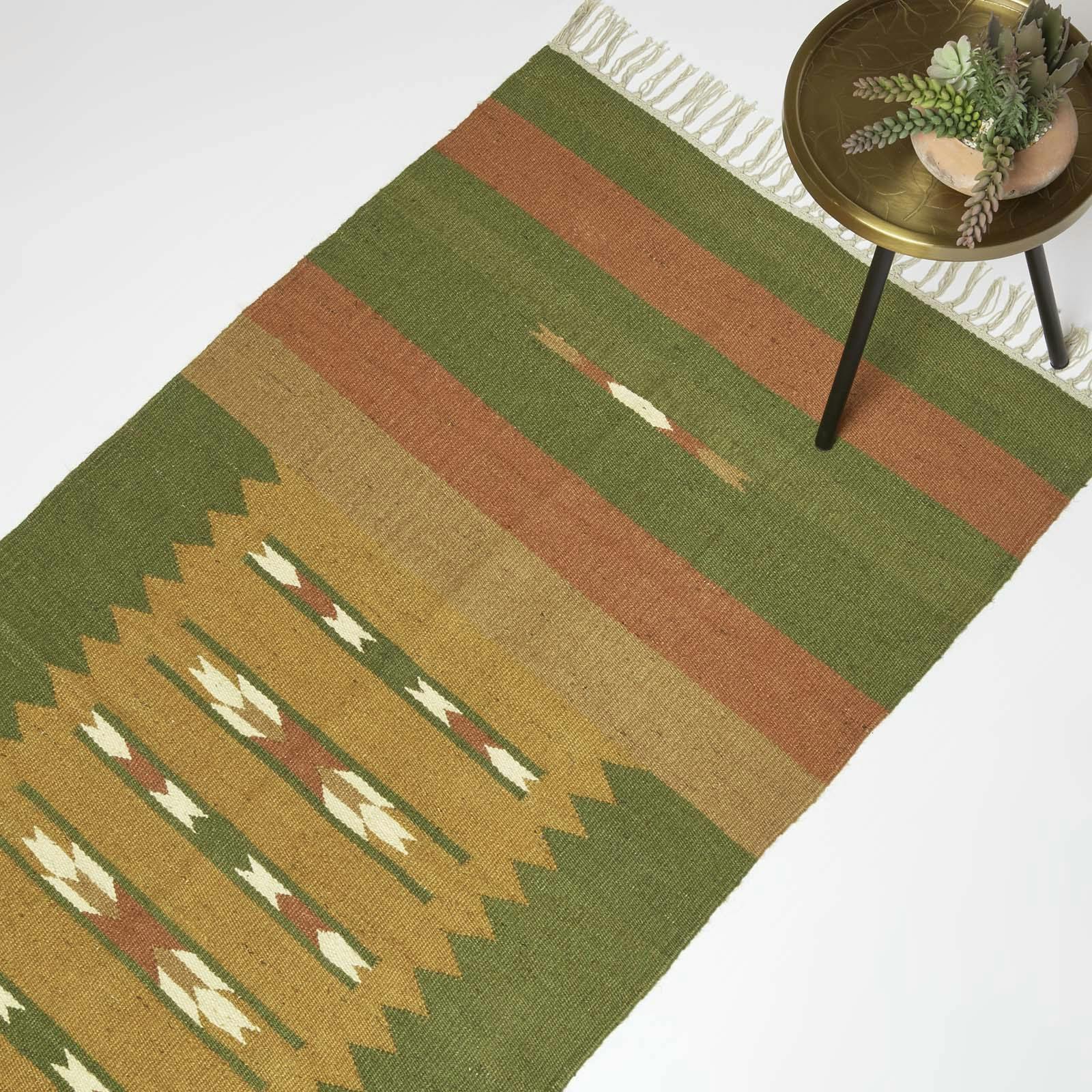 Homescapes Orange/Green Lundi & Kilim Cotton & Jute Rug - 80 X 180 Cm