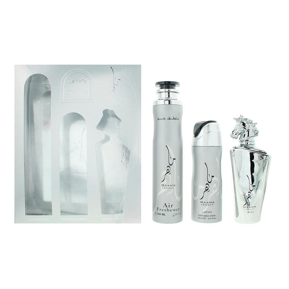 Lattafa Maahir Maahir Legacy 3 Piece Gift Set: Eau De Parfum 100Ml - Deodorant Spray 200Ml - Air Freshener 300Ml