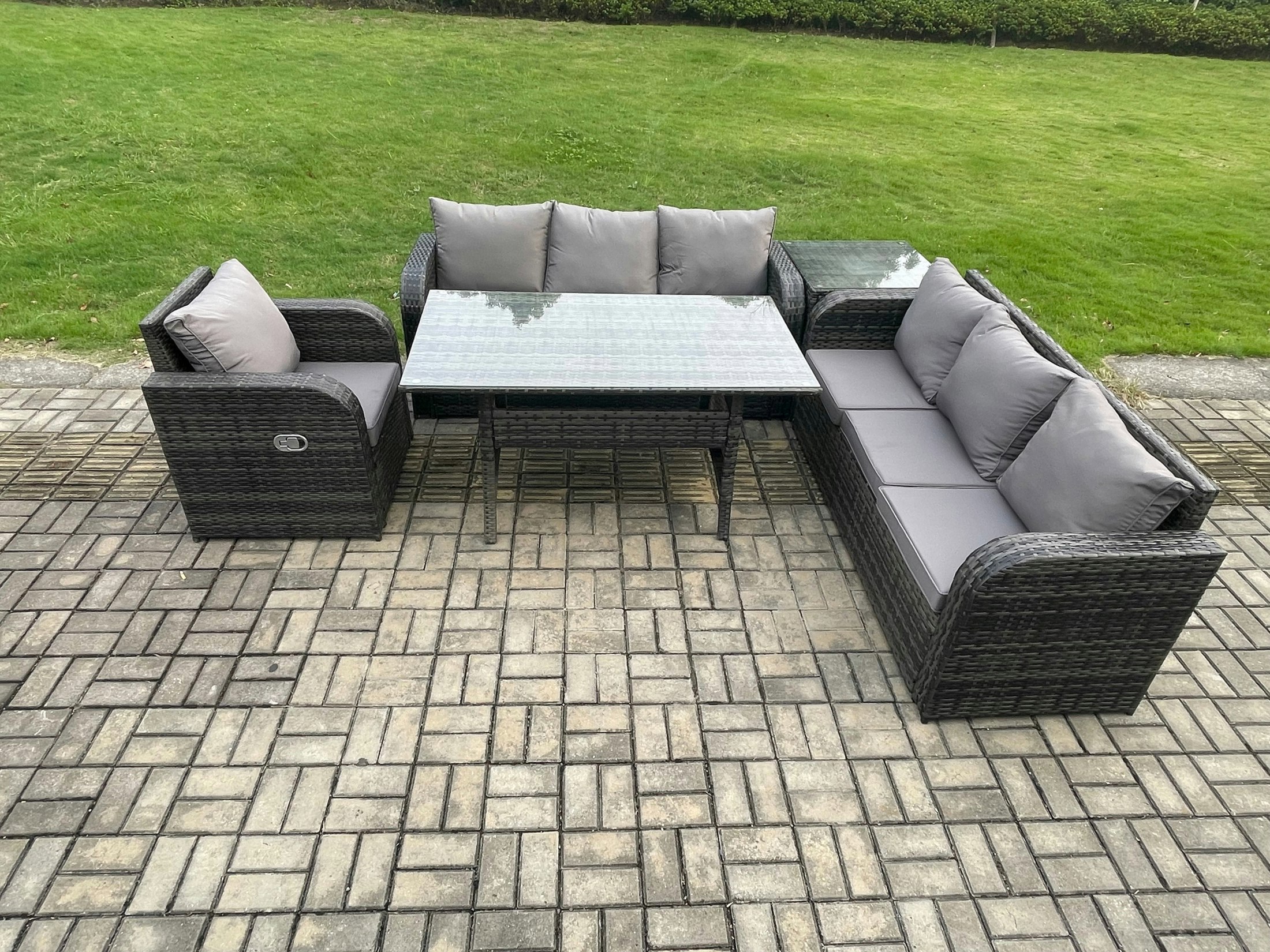 Fimous Dark/Grey 7 Seater Rattan Garden Furniture Set Oblong Rectangular Dining Table And Chairs Set With 3 Seater Sofa Side Tables Mixed