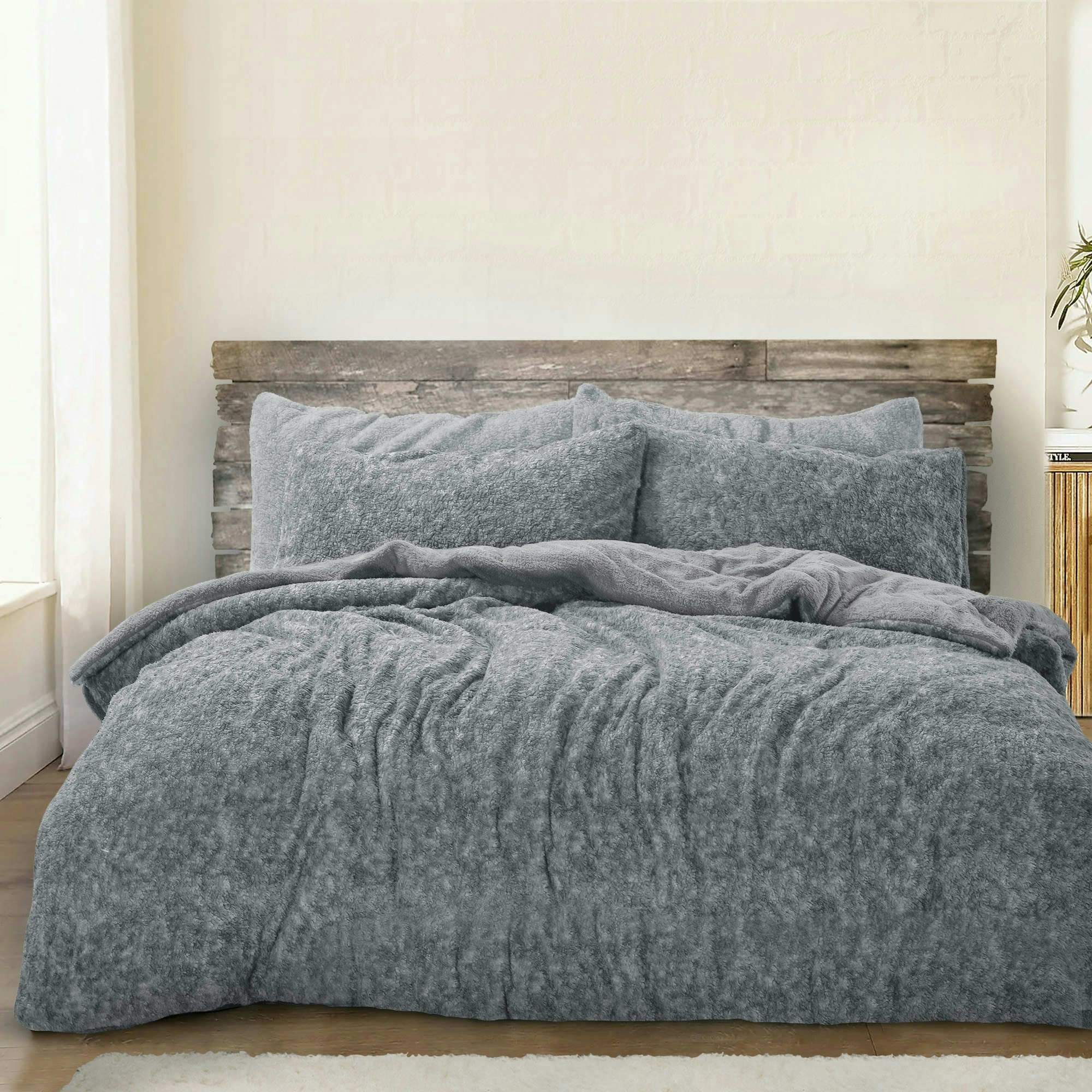 Velosso Teddy Marl Fluffy And Warm Fleece Duvet Cover Set - Charcoal - King