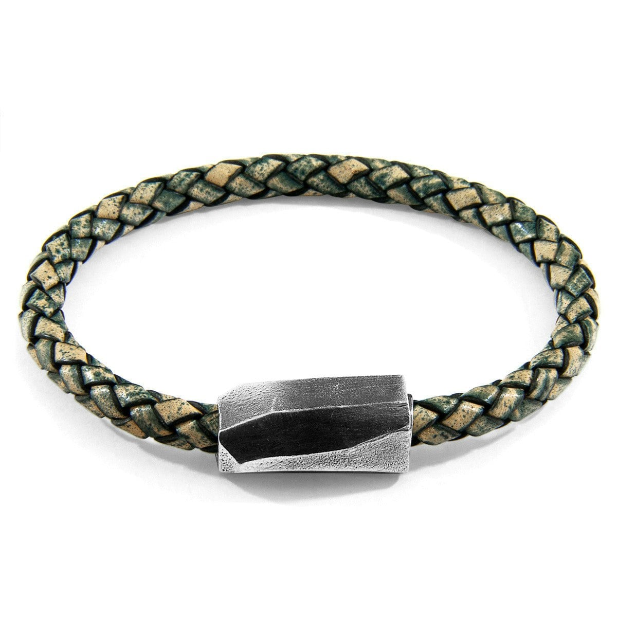 Anchor & Crew Men's Green/Silver Petrol Hayling And Braided Leather Bracelet - S - 19Cm