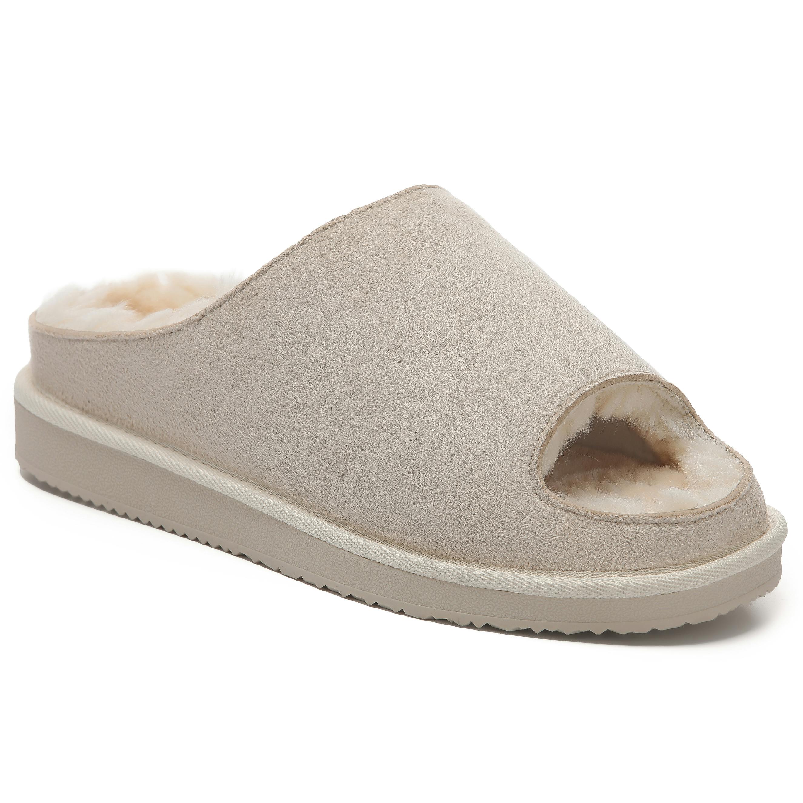 Viva Women's Beige Polar Fur Lined Slide Slippers – Suede Upper, Cozy Faux Fur - 7