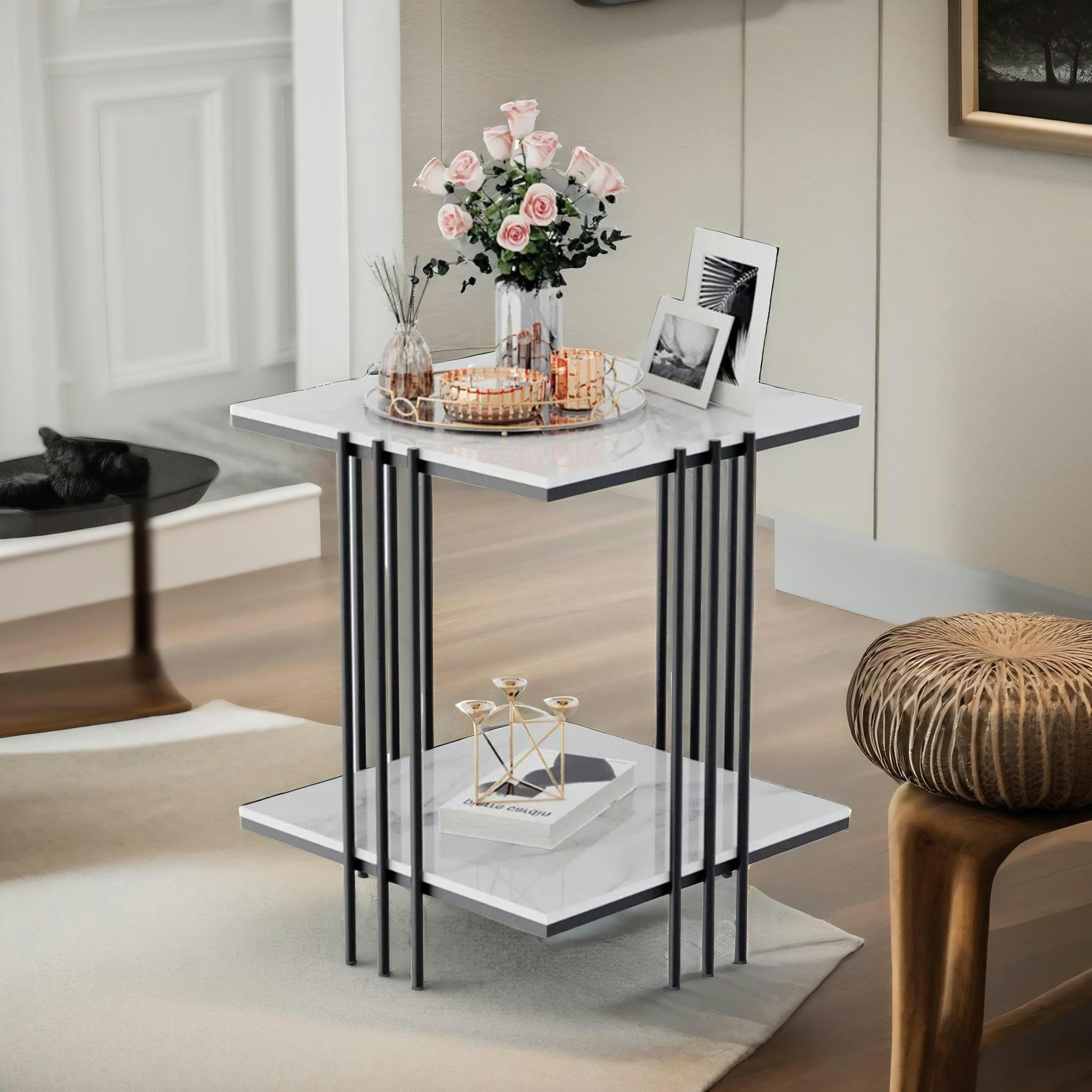 Rafaelo Mobilia Black 2 Tier Square Faux Marble Side Table