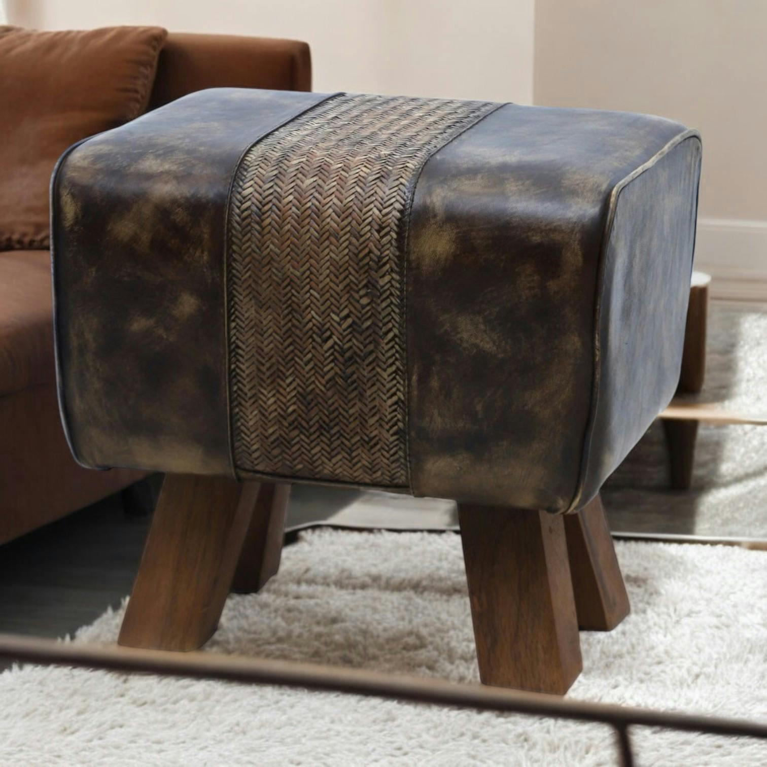 Minster Stylish Living Brown Msl 40Cm Tan Leather Wooden Stool