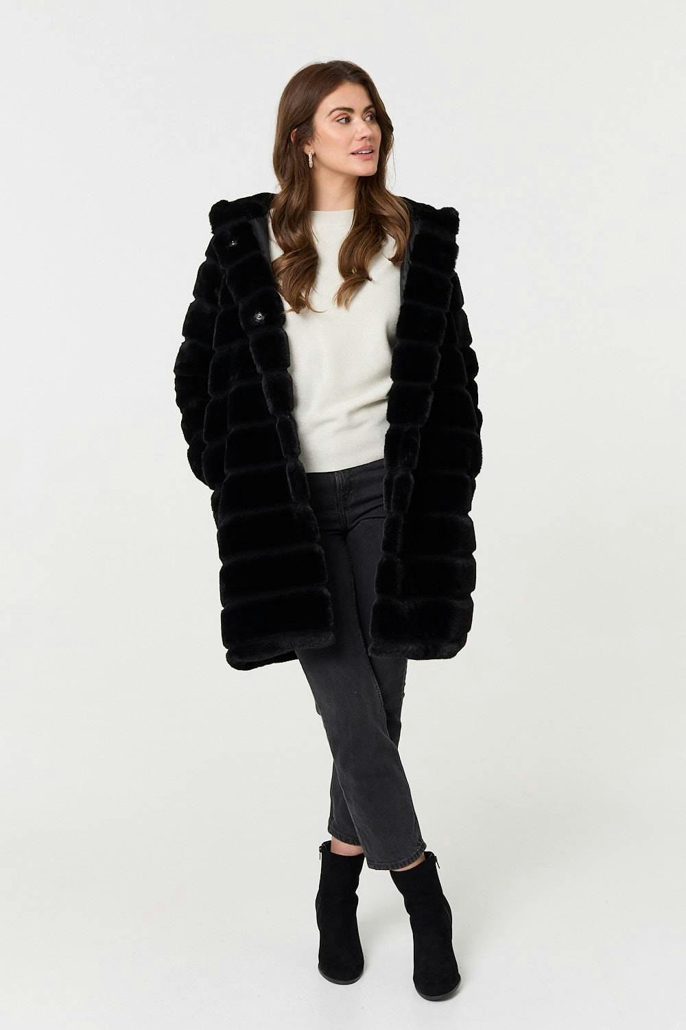 Izabel London Black Faux Fur Thigh Length Hooded Jacket - 14