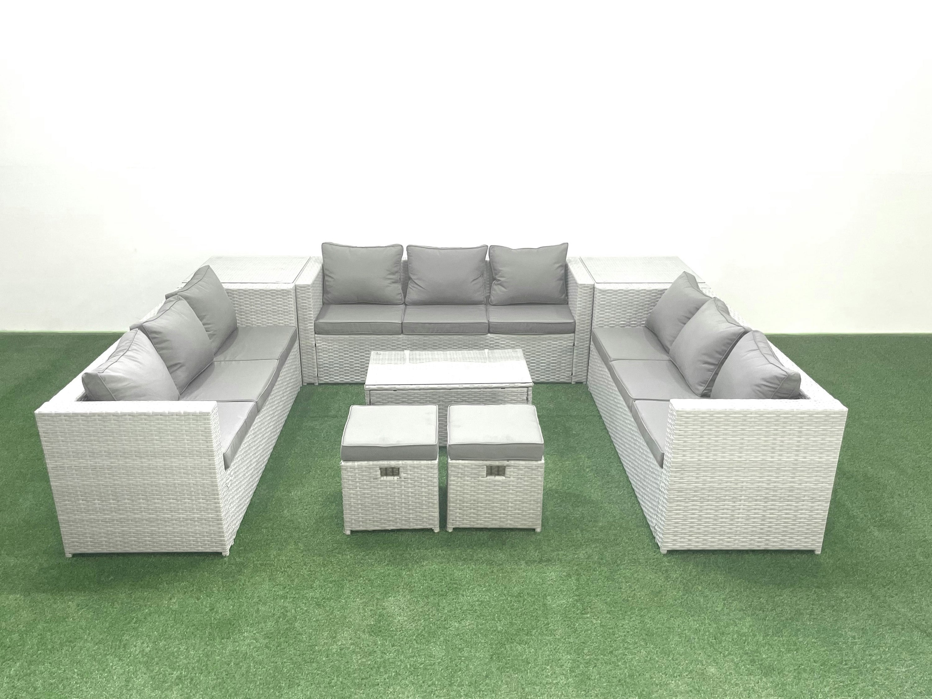 Rackhams Light/Grey Rattan Garden Outdoor Furniture Set 11 Seater Garden Sofa Coffee Table Set With 2 Small Footstool 2 Side Tables Mixed