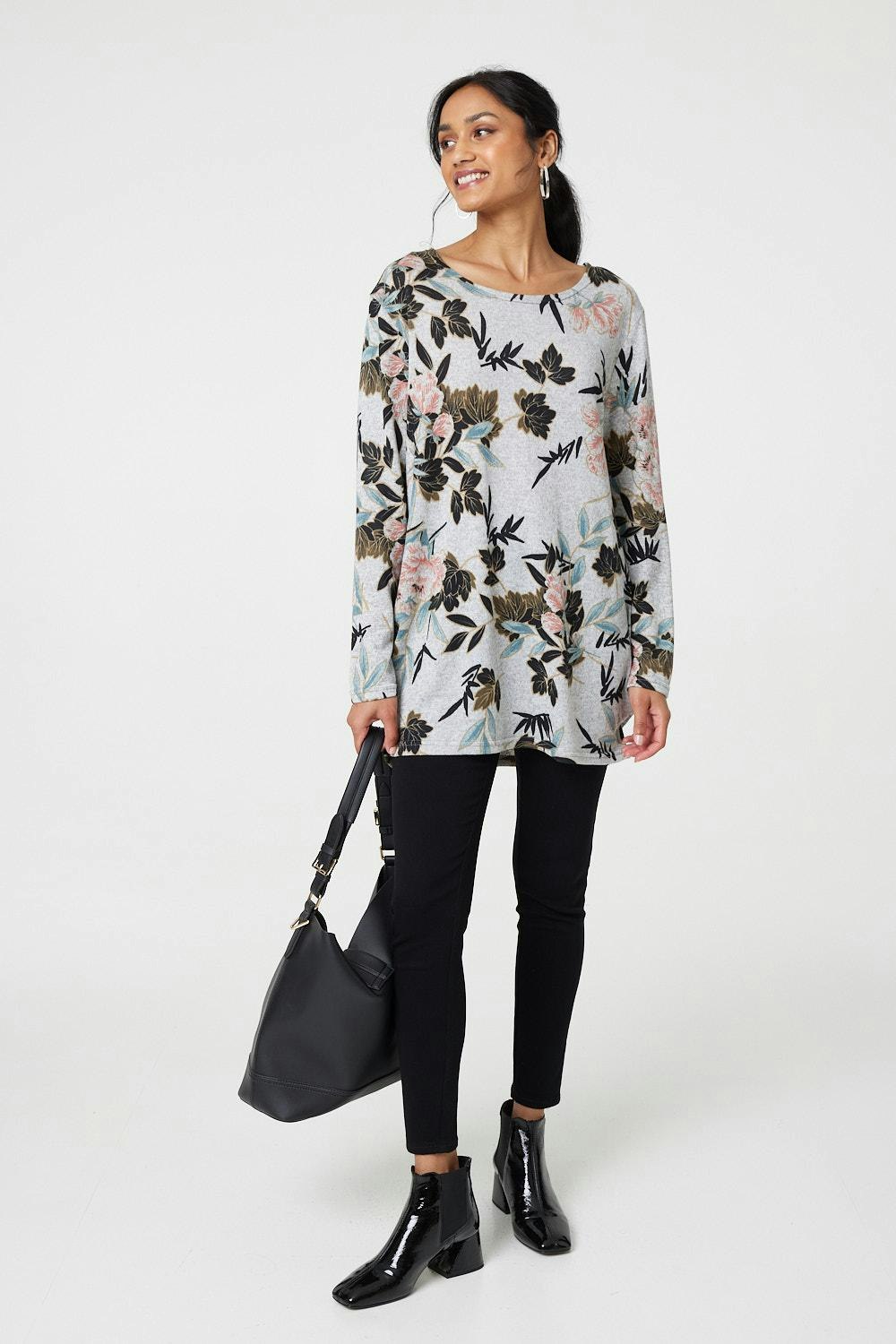 Izabel London Grey Floral Wide Neck Relaxed Long Sleeve Top - 10