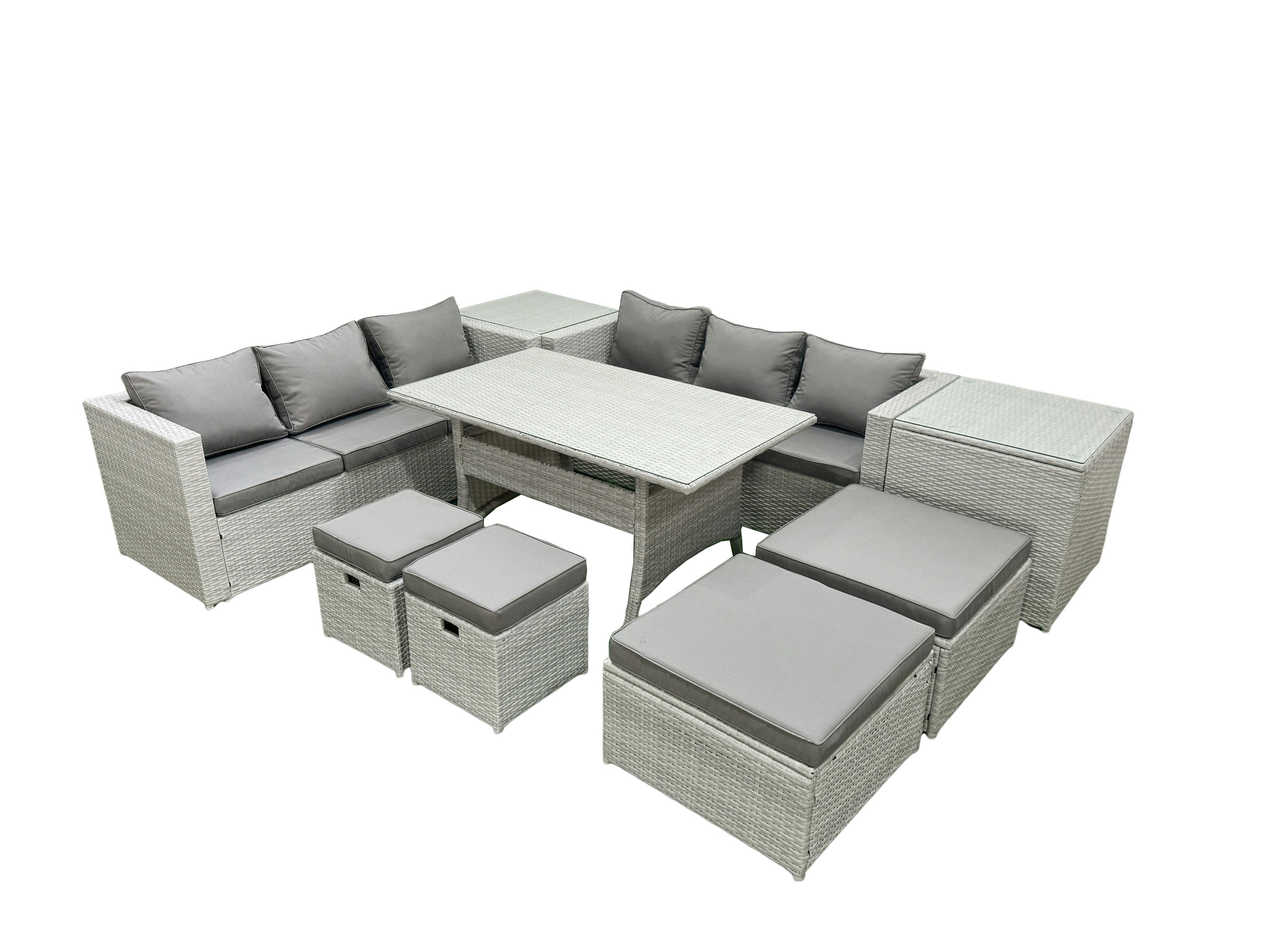 Rackhams Light/Grey Rattan Garden Furniture Set Outdoor 10 Seater Patio Dining Sets With Glass Top Dining Table 2 Side Tables Mixed