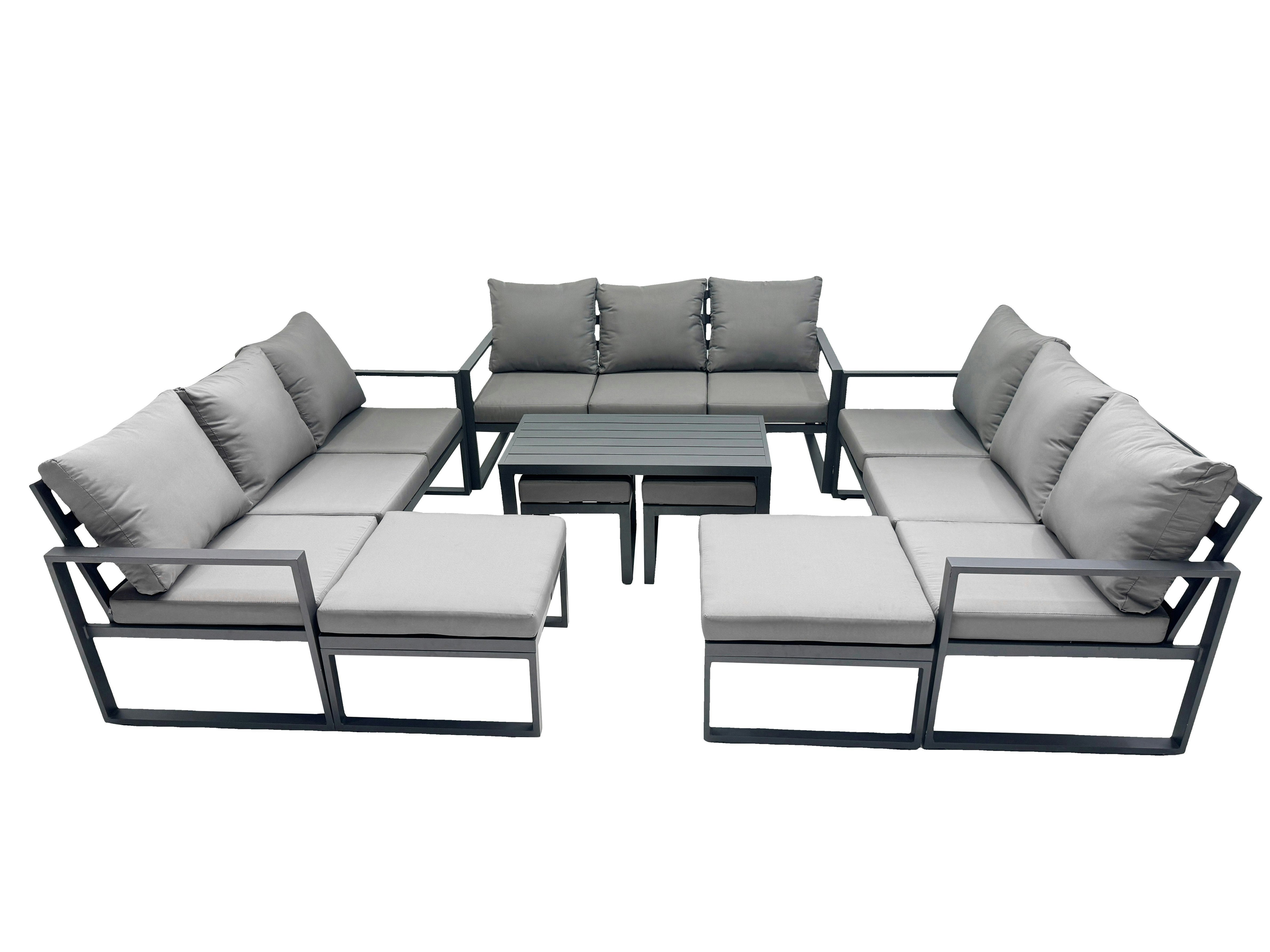 Fimous Dark/Grey Outdoor Garden Furniture Set Aluminium Lounge 3 Seat Sofa Oblong Coffee Table Sets With 4 Stools