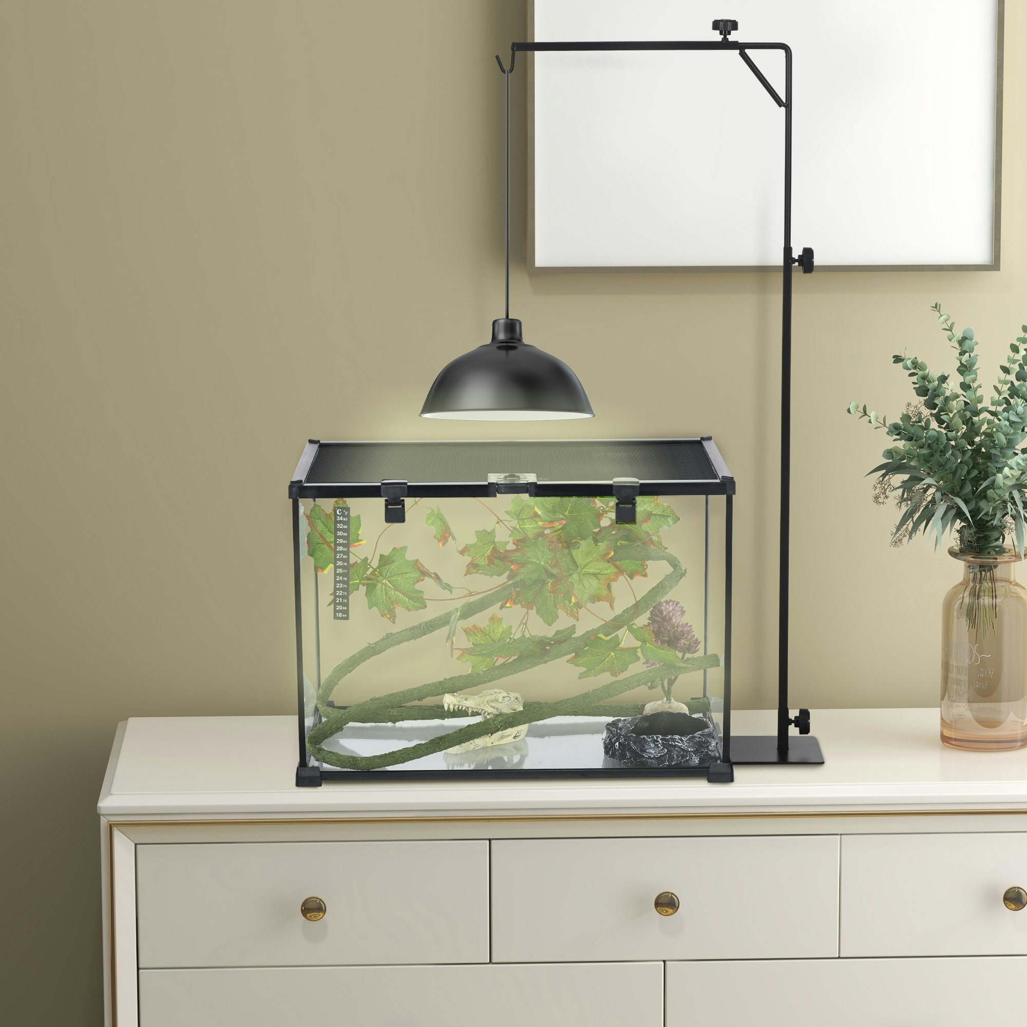 Pawhut Light 86-129Hcm Reptile Lamp Stand, Adjustable Lamp Holder W/ Base, Hook