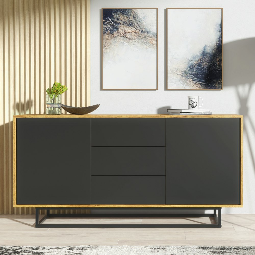 Rackhams Black Loft Retro Industrial Sideboard Vintage Oak Cabinet Chest Of Drawers - 140Cm - Oak Matt Body & Matt Fronts - Mdf/Chipboard