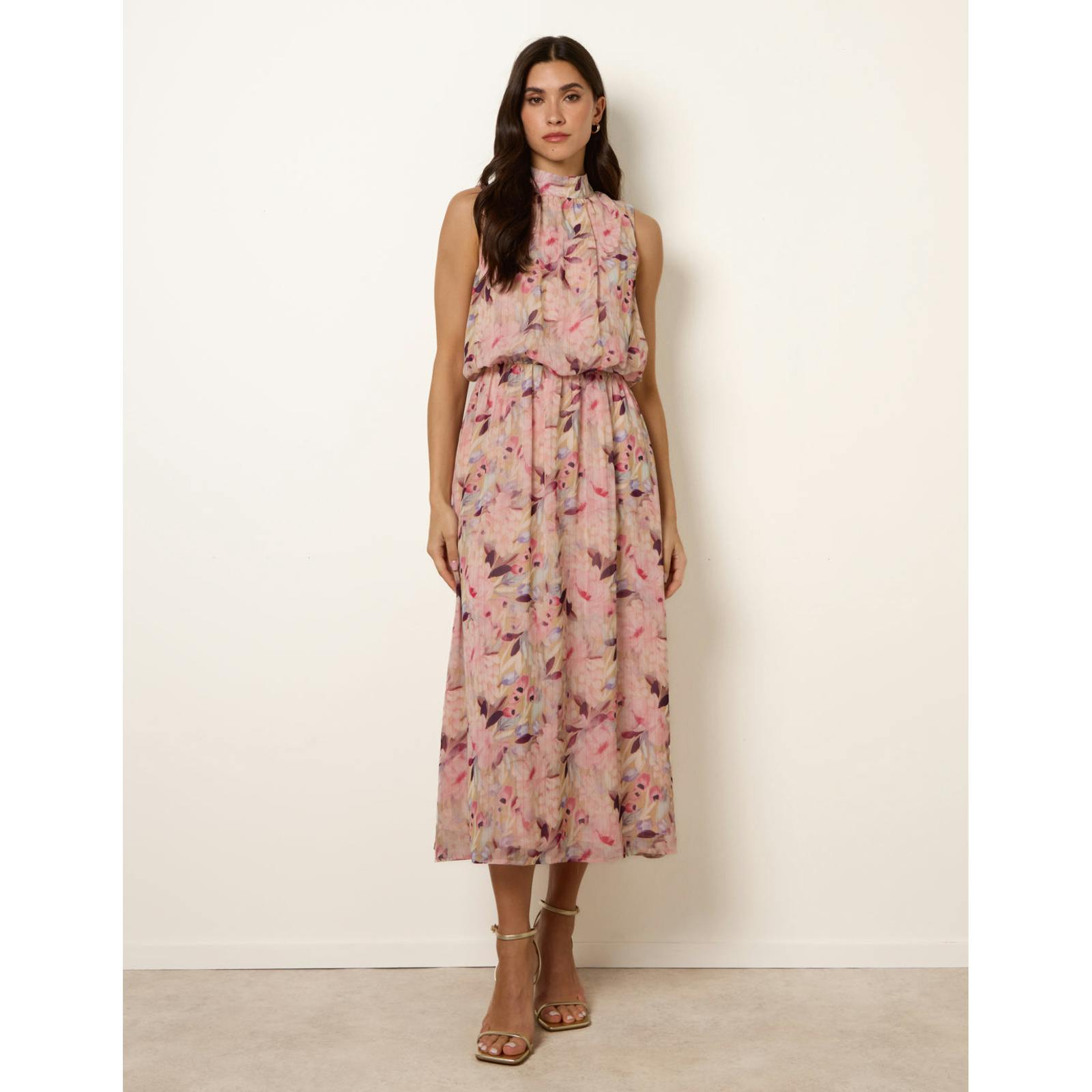 Blue Vanilla Blue/Pink Vanilla Watercolour Printed Sleeveless Midi Dress - S