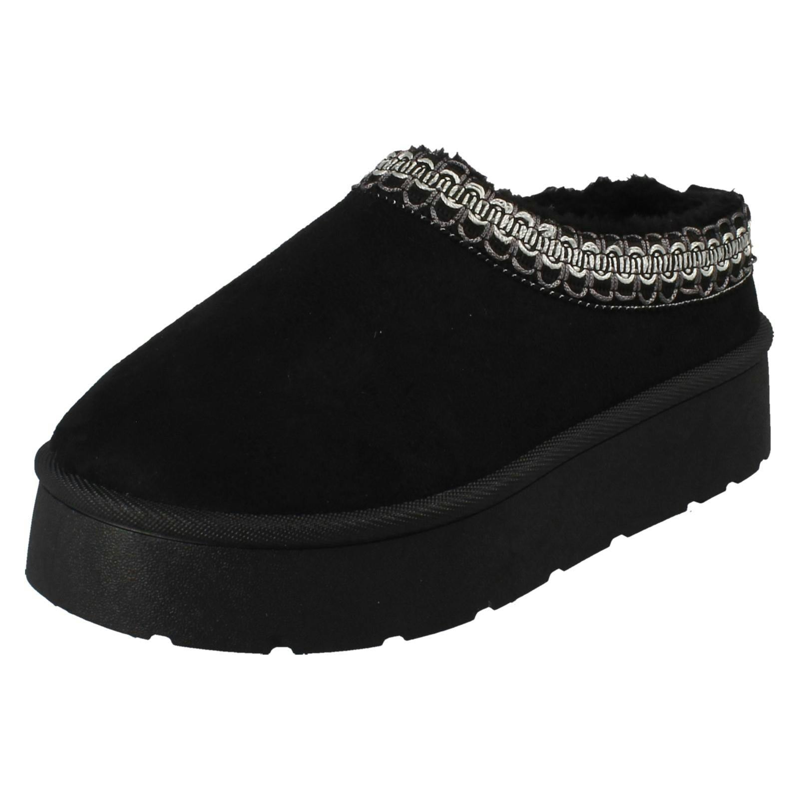 Spot On Women's Black Wide Fit Stitch Pattern Slipper Shoes F4470 - Uk 7