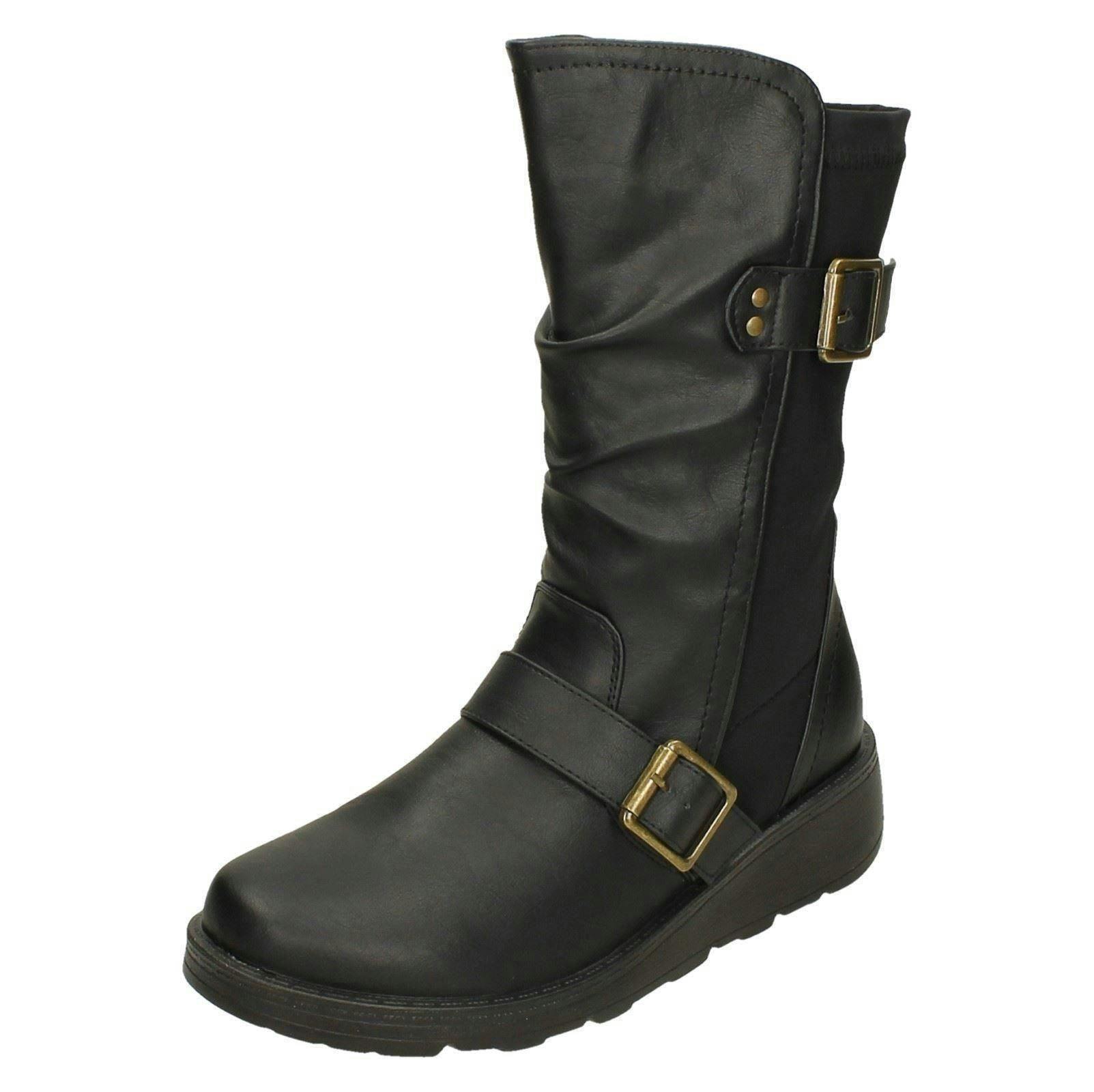 Spot On Women's Black Buckle Detail Wide Fit Mid-Calf Boots F4452 - Uk 8
