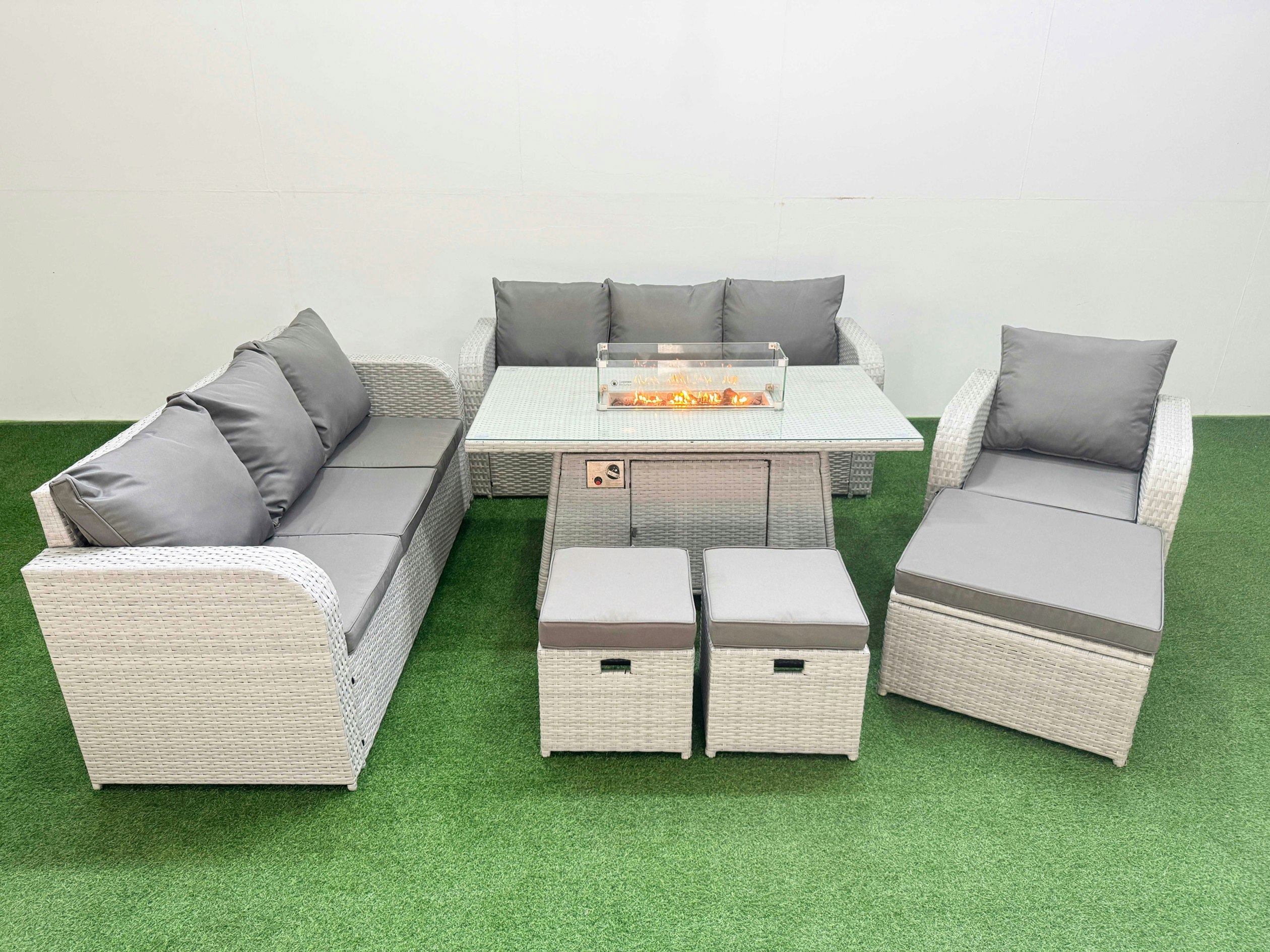 Rackhams Light/Grey 10 Seater Rattan Outdoor Garden Furniture Fire Pit Dining Table Set 3 Seater Sofa Reclining Chair 3 Seater Sofa 3 Stools