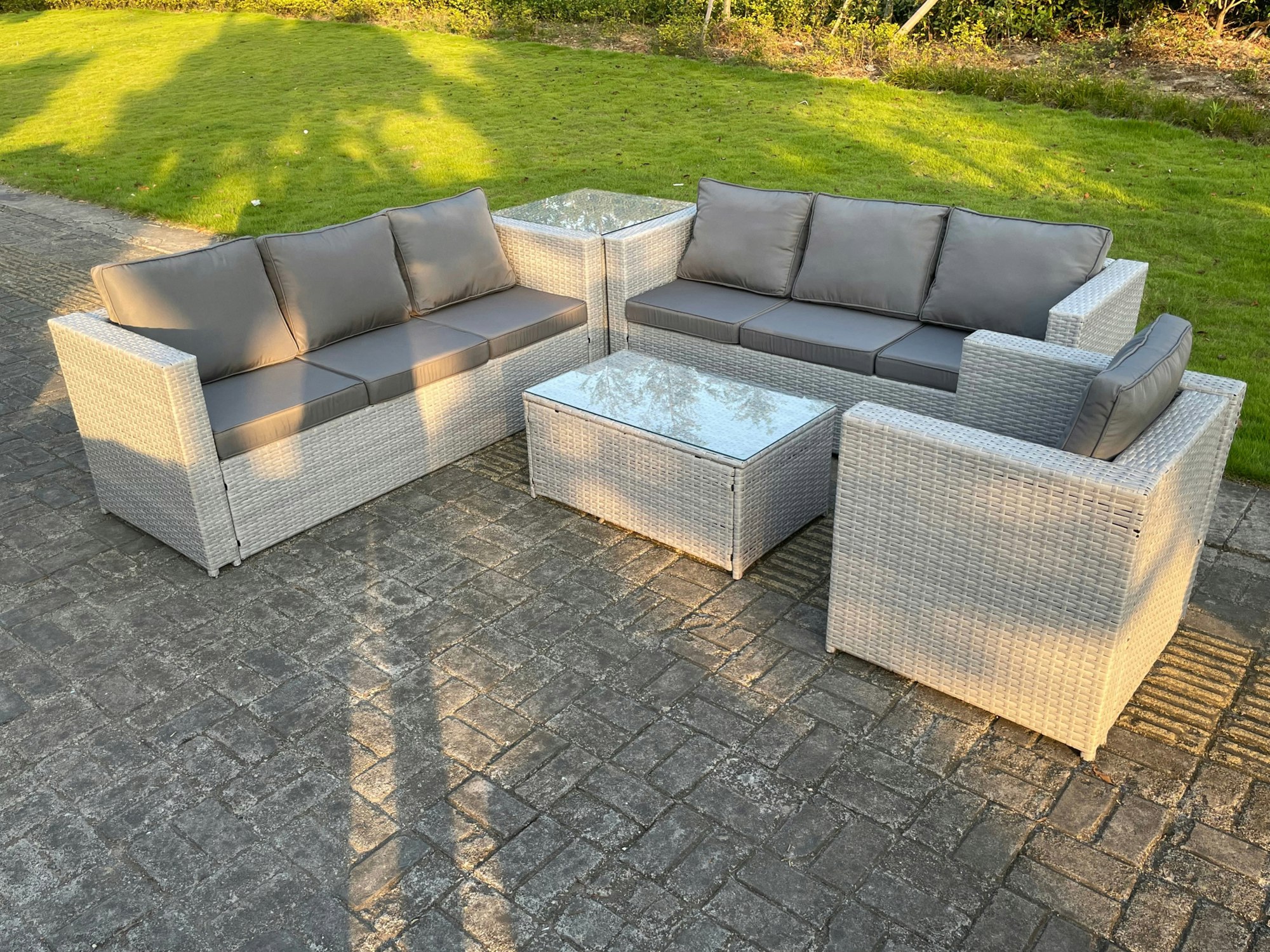 Rackhams Light/Grey Outdoor Rattan Garden Furniture Set Corner Sofa Set Oblong Square Coffee Table Armchair