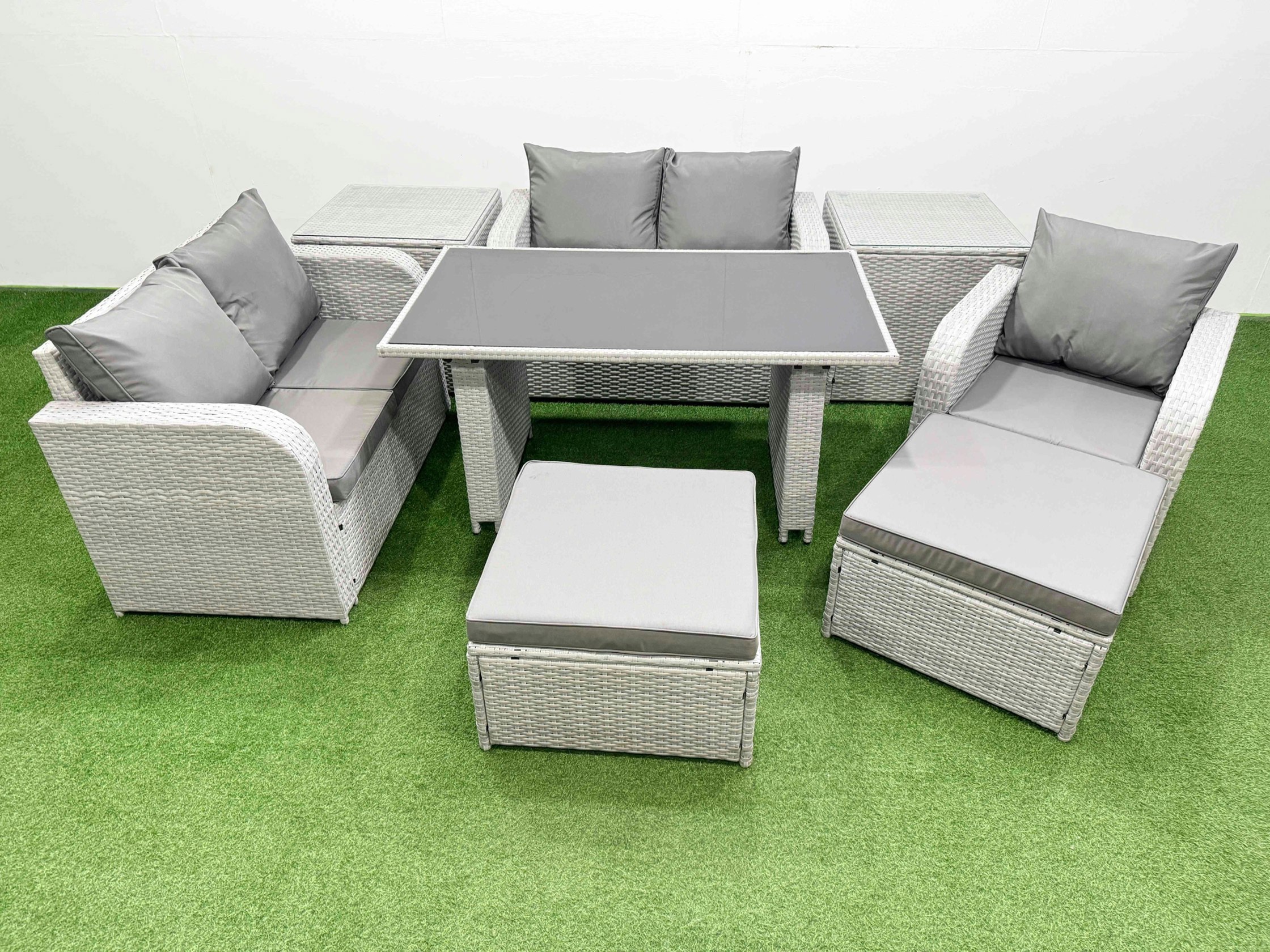 Fimous Light/Grey Rattan Sofa Outdoor Furniture With Dining Table,2 Side Tables,Love Sofa,2 Big Stools Patio Furniture 7 Seater
