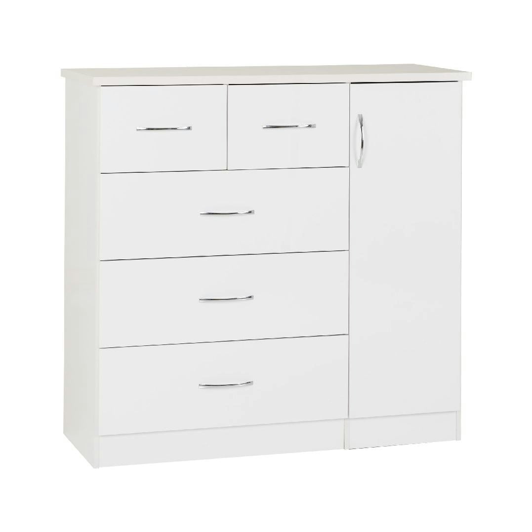 Seconique White Nevada 5 Drawer Low Wardrobe - Gloss
