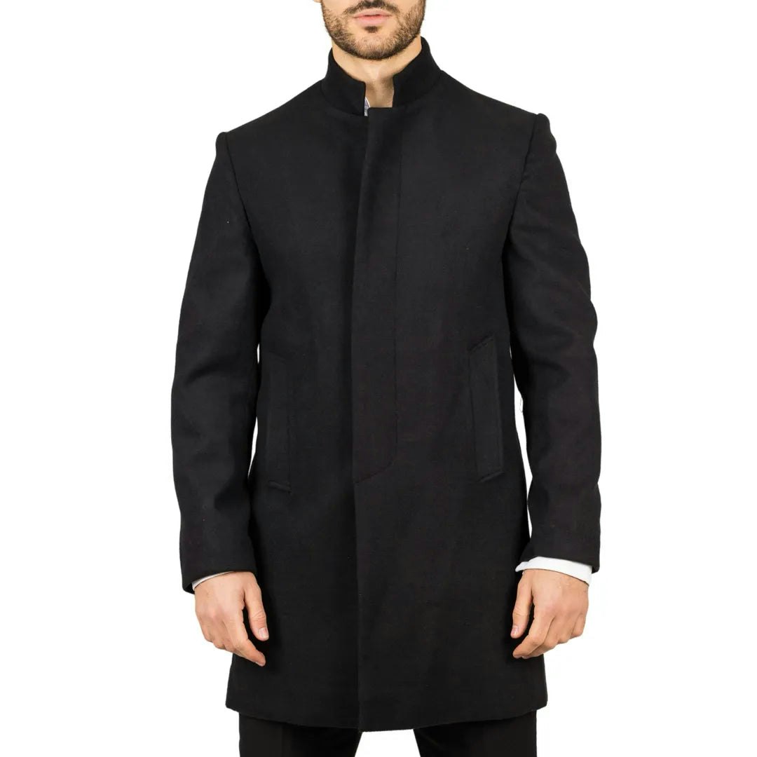 Truclothing Men's Black Stand Collar Wool Blend Overcoat - 3XL