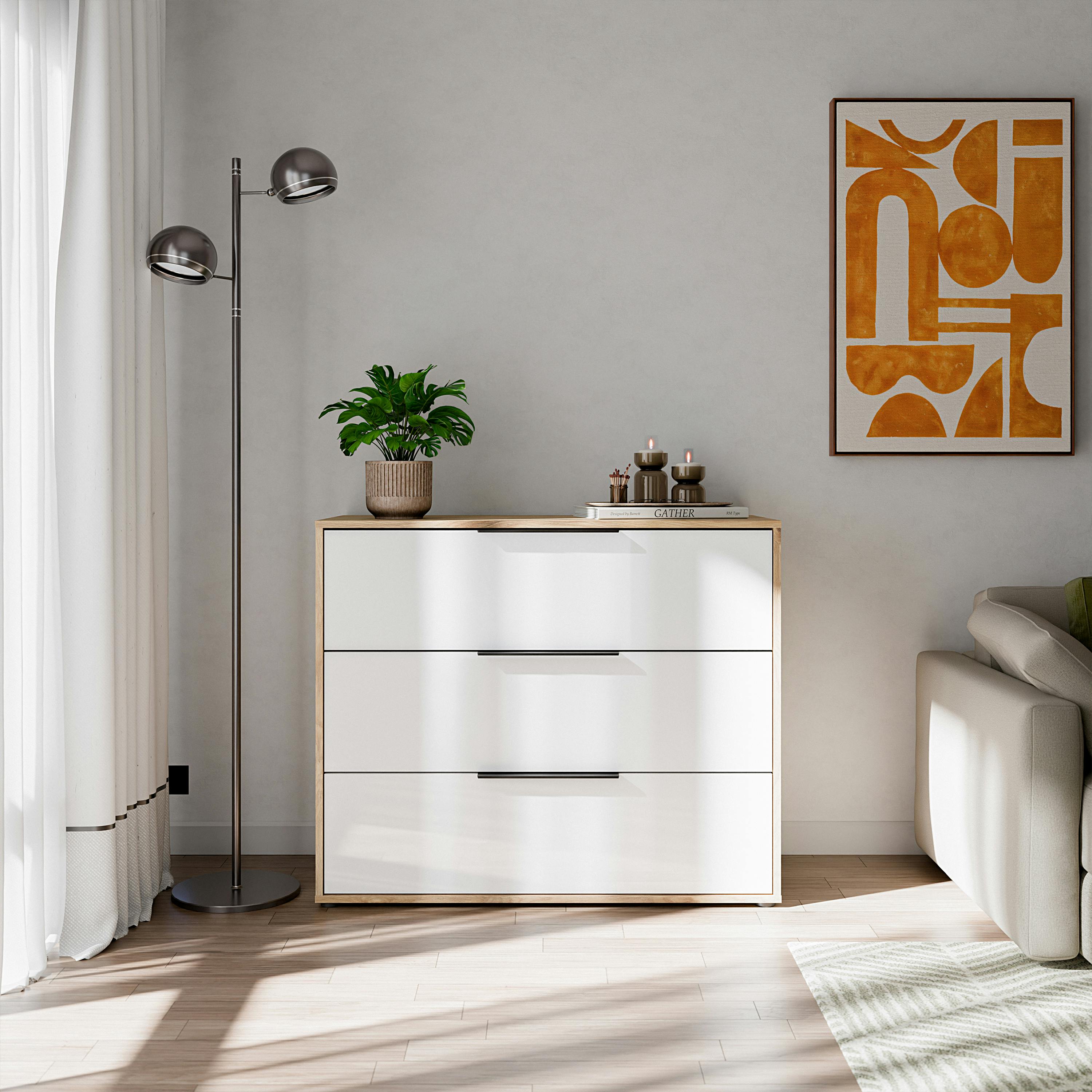 Rackhams White Orkney 3 Drawer Chest In Mauvella Oak And Gloss - Standard - Mauvella Oak, - Manufactured Wood