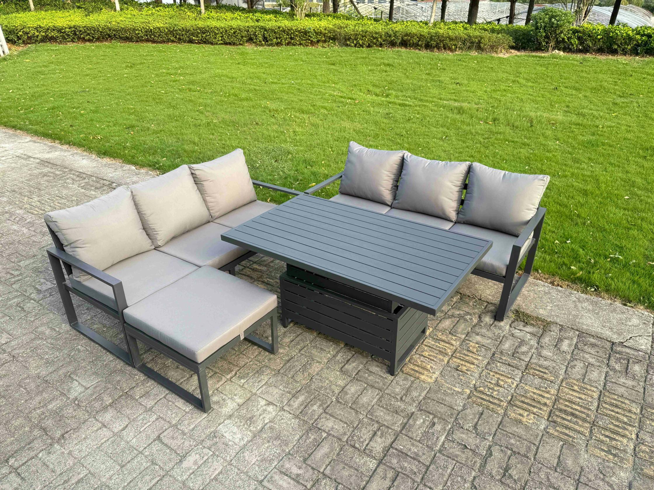 Fimous Dark/Grey 4 Pieces Garden Furniture Set Aluminium Adjustable Rising Lifting Dining Table And Sofa Set With Big Footstool