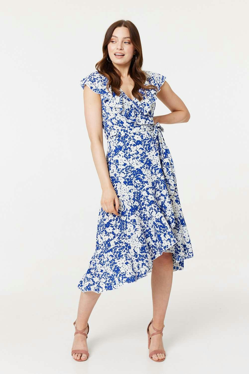 Izabel London Blue Printed Tie Waist Midi Wrap Dress - 8
